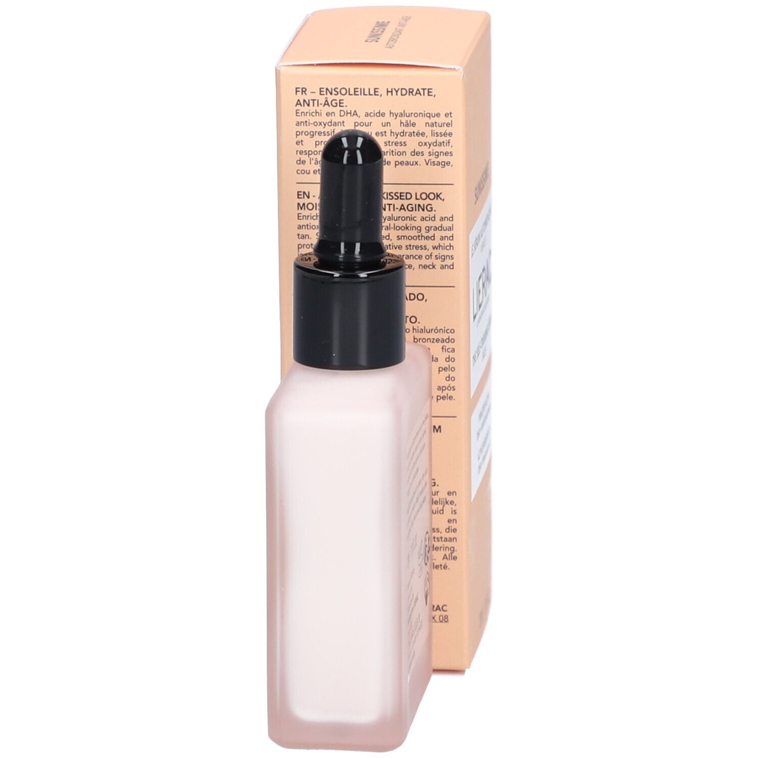 Sérum autobronzant Lierac Sunissime. Flacon et emballage. 30 ml. Flacon vu de dos.