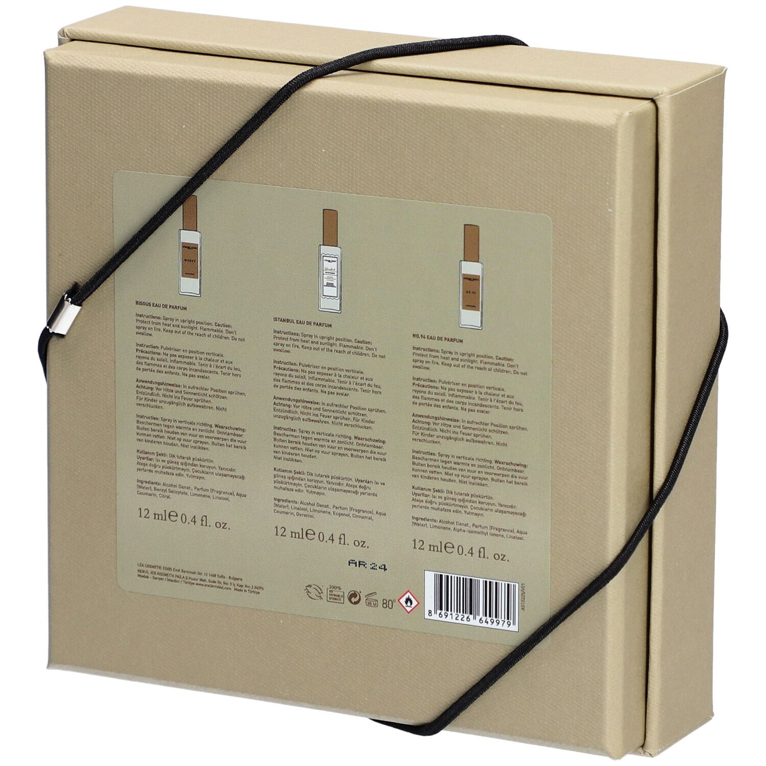 Dos du coffret. Informations produit et illustrations de flacons de parfum. Texte : 12 ml 0,4 fl. oz.