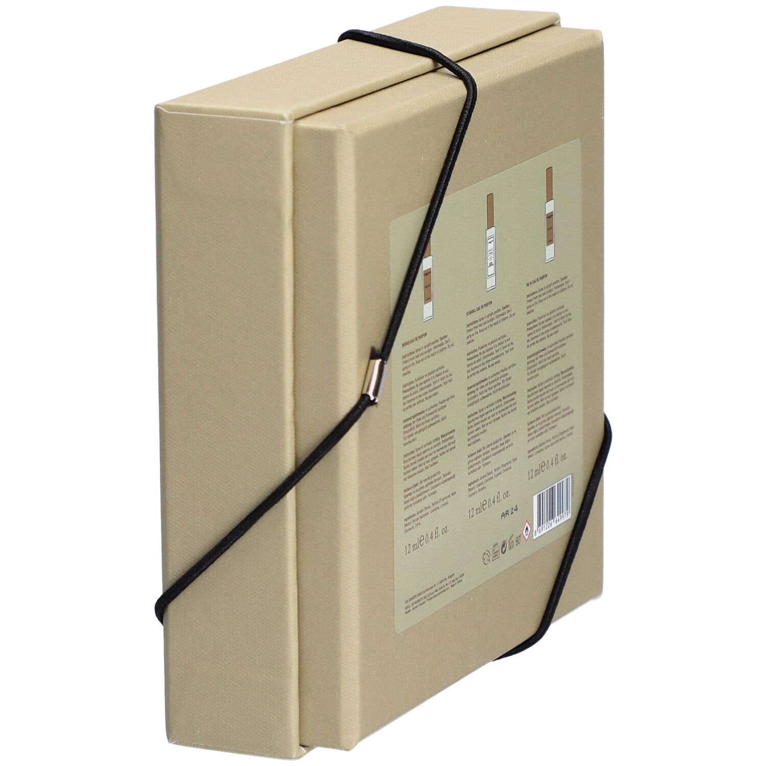 Coffret, vue latérale. Élastique noir. Dos avec informations produit et code-barres.