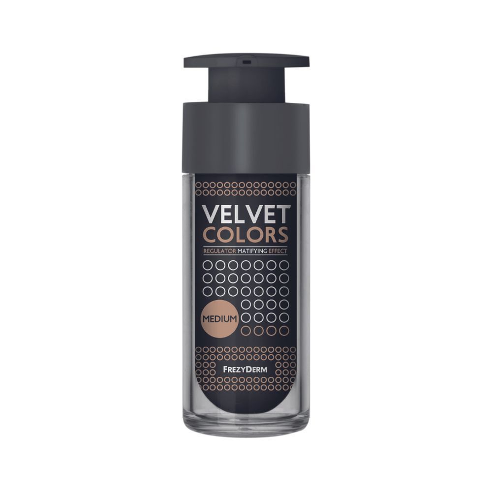 Frezyderm Velvet Colors Medium. Flacon avec pompe. Inscription: Velvet Colors, Medium. Teinte: Beige.