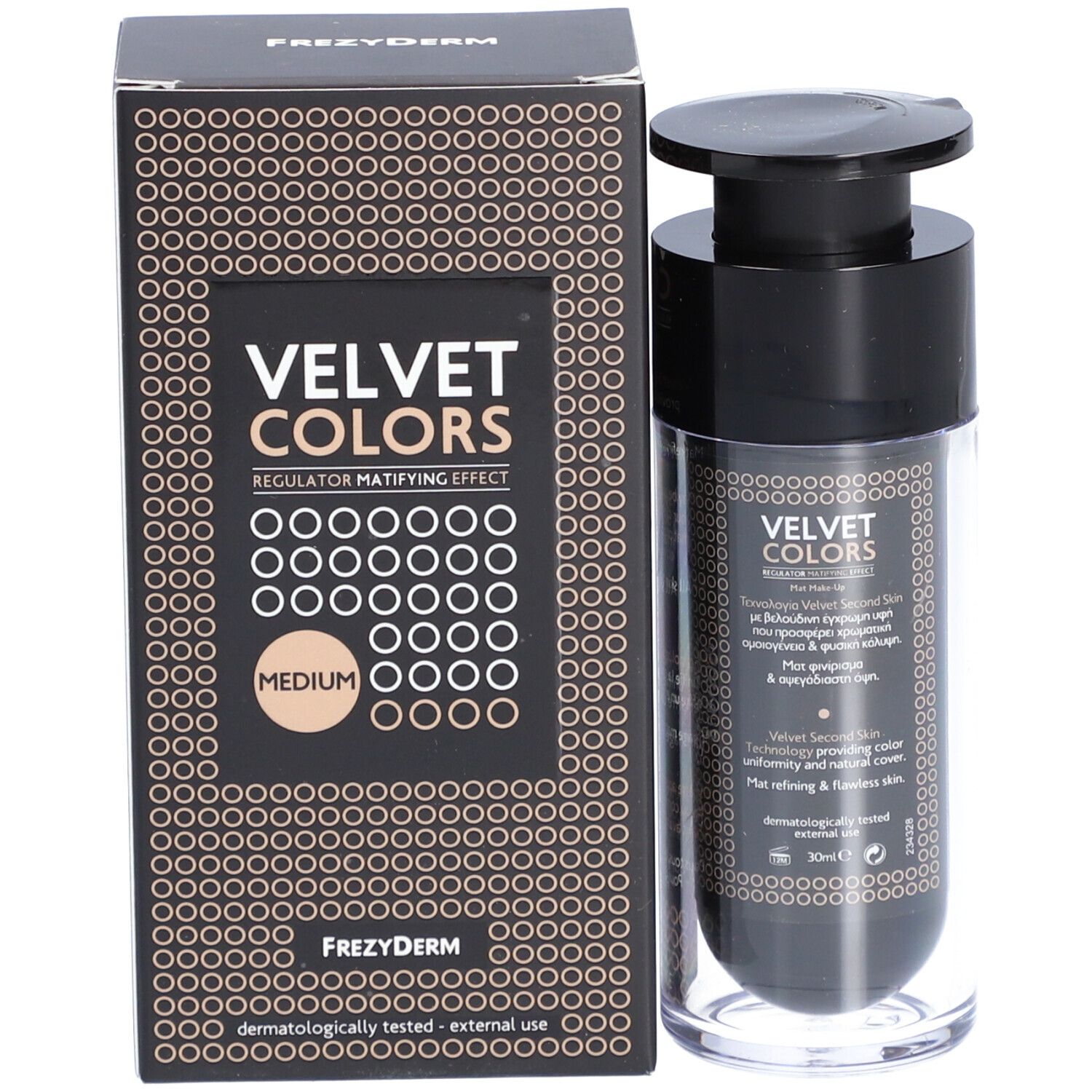 Frezyderm Velvet Colors Medium, avec emballage. Inscription: Velvet Colors, Medium. Flacon avec pompe.