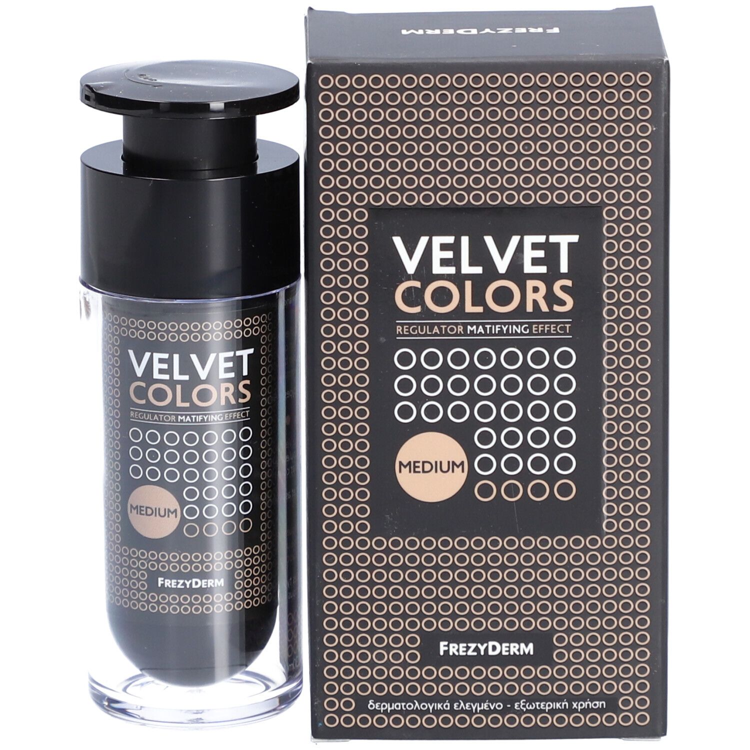 Frezyderm Velvet Colors Medium, avec emballage. Inscription: Velvet Colors, Medium. Flacon avec pompe.