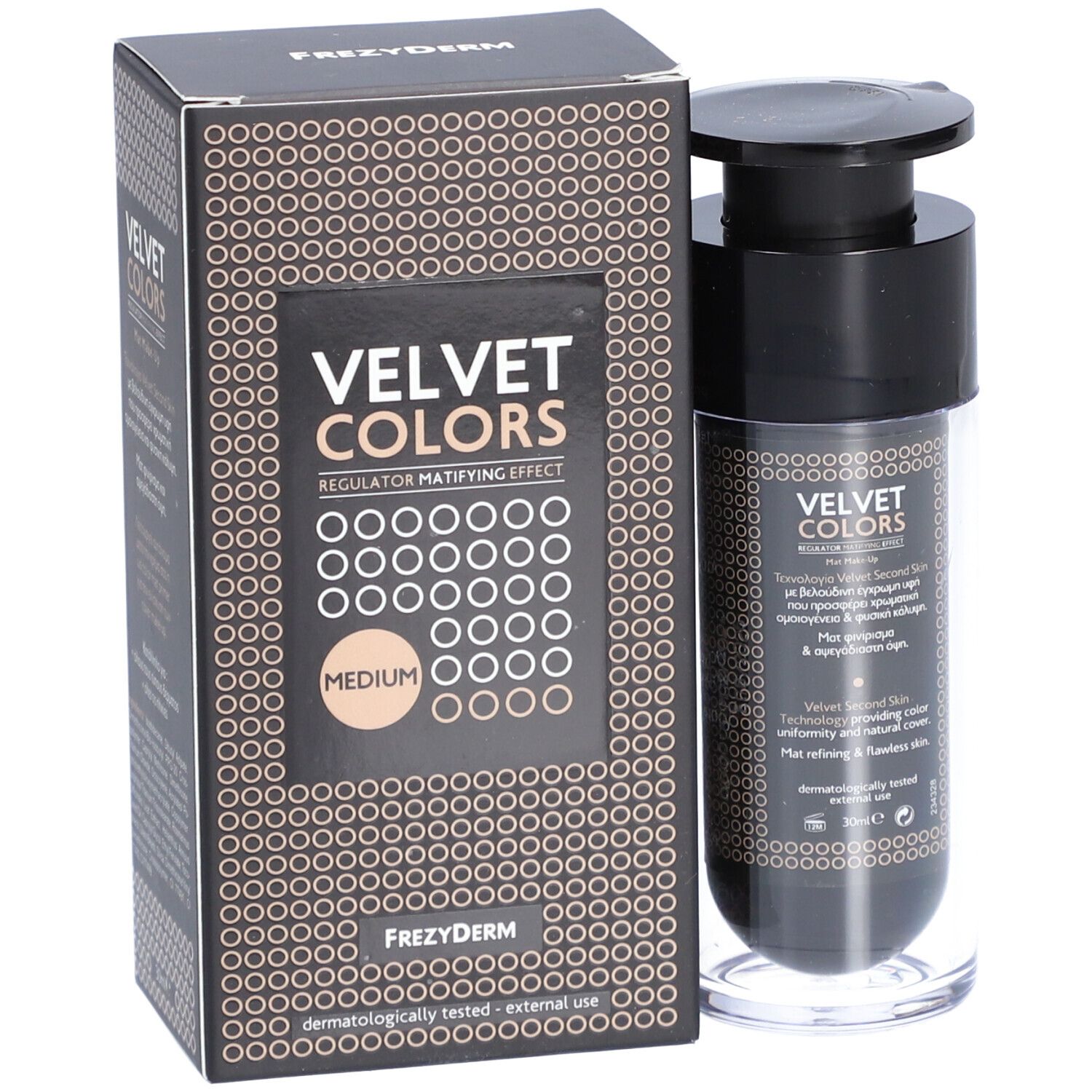 Frezyderm Velvet Colors Medium, avec emballage. Inscription: Velvet Colors, Medium. Flacon avec pompe.