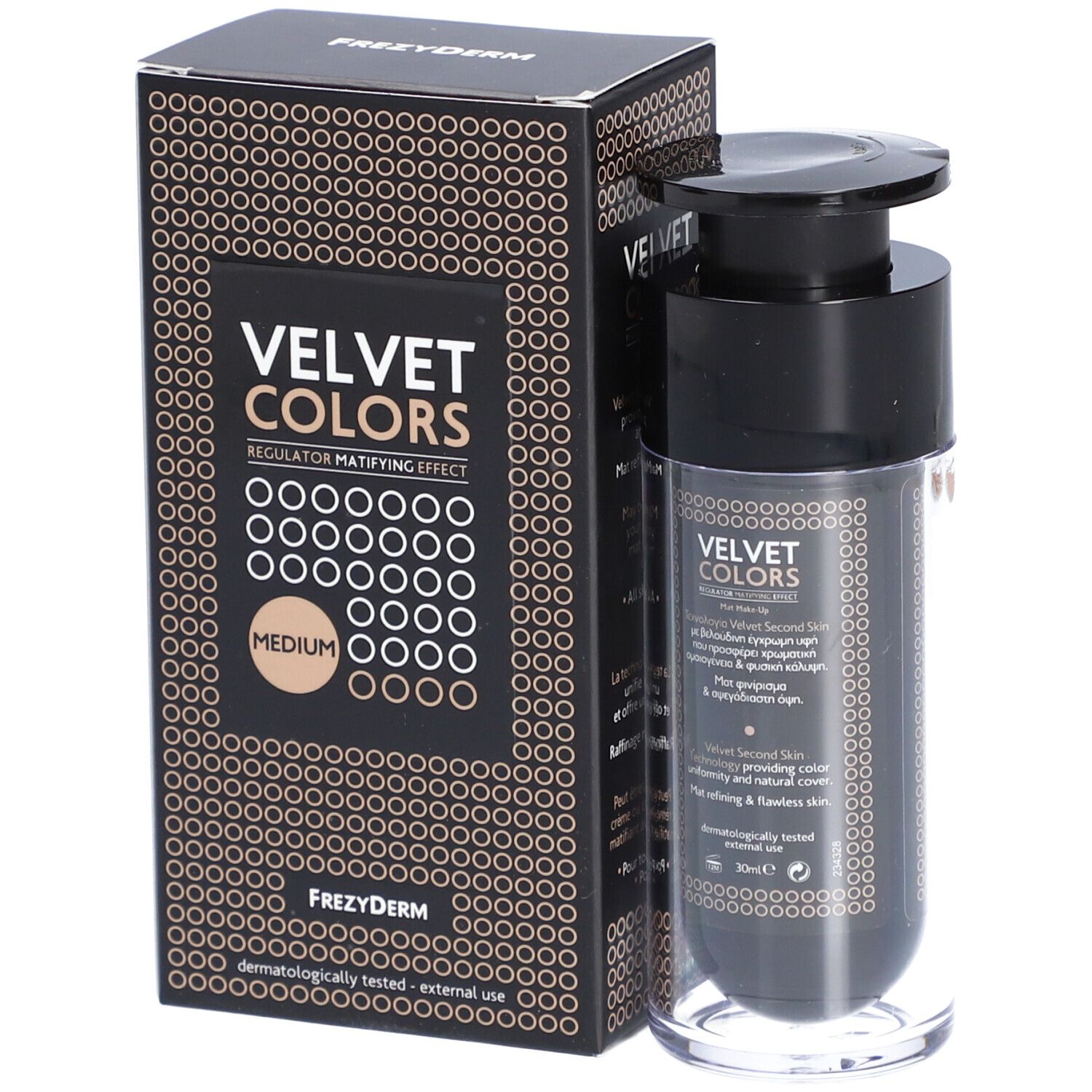 Frezyderm Velvet Colors Medium, avec emballage. Inscription: Velvet Colors, Medium. Flacon avec pompe.