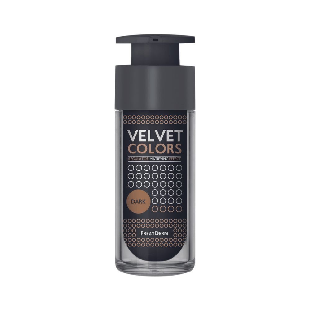 Flacon avec pompe noire. Inscription VELVET COLORS DARK. Marque Frezyderm.