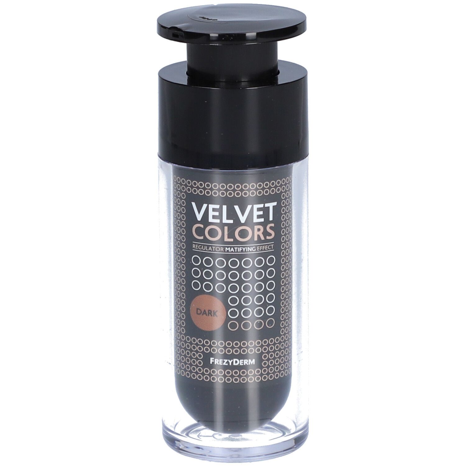Flacon avec pompe noire. Inscription VELVET COLORS DARK. Marque Frezyderm.