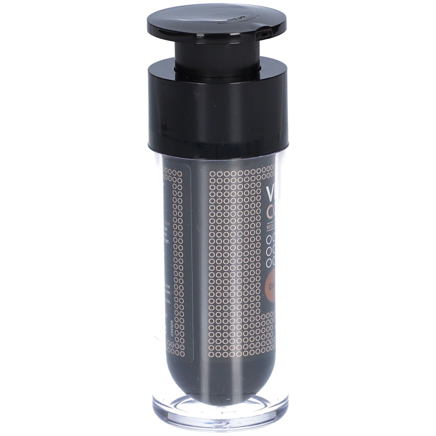 Flacon avec pompe noire. Inscription VELVET COLORS DARK. Marque Frezyderm.