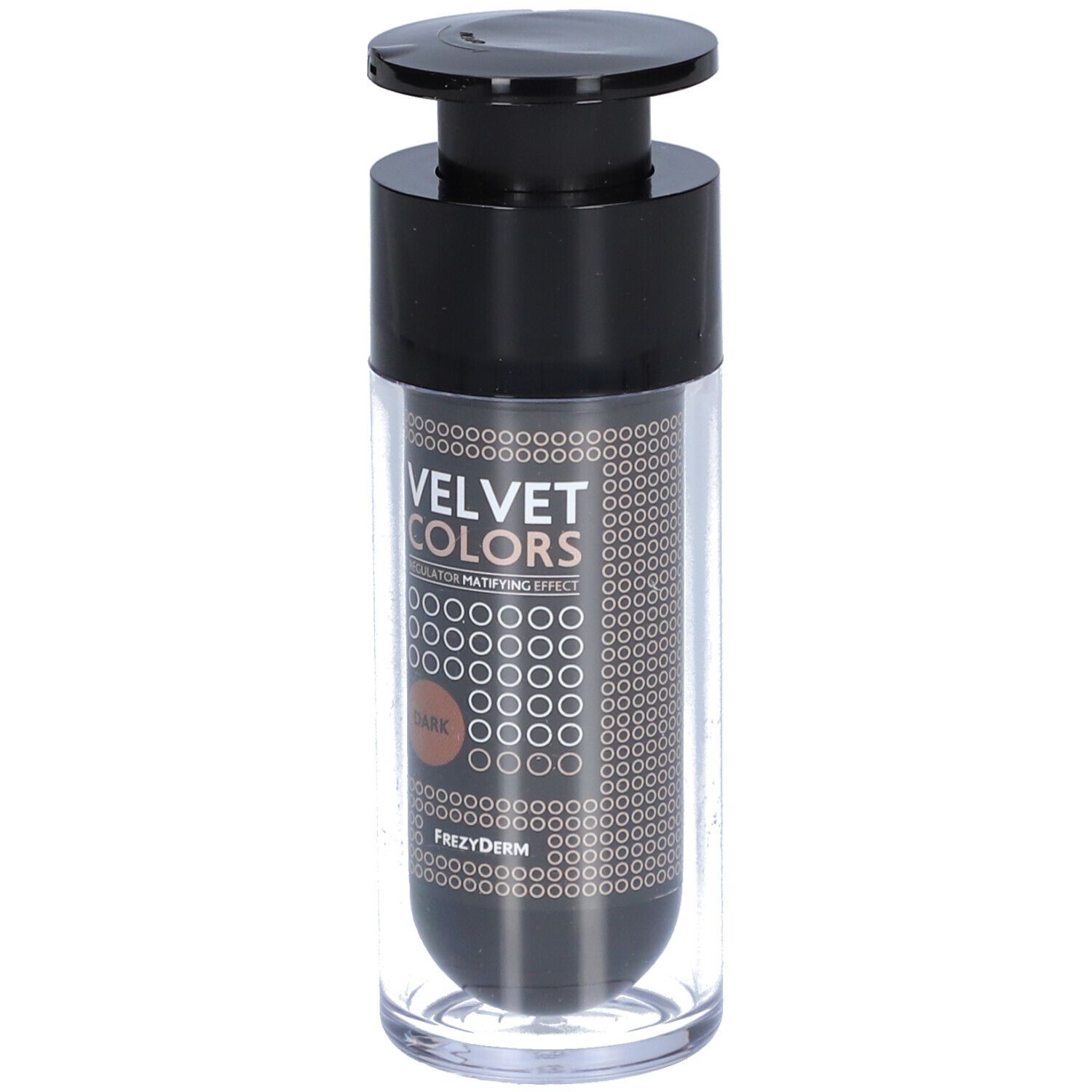 Flacon avec pompe noire. Inscription VELVET COLORS DARK. Marque Frezyderm.