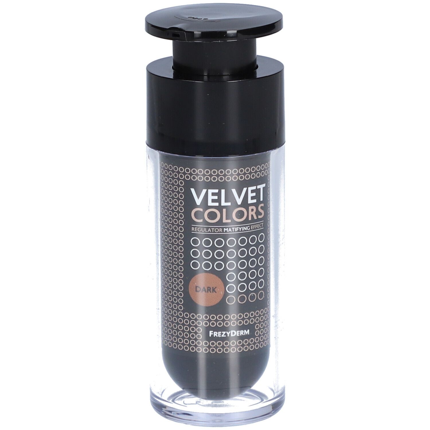 Flacon avec pompe noire. Inscription VELVET COLORS DARK. Marque Frezyderm.