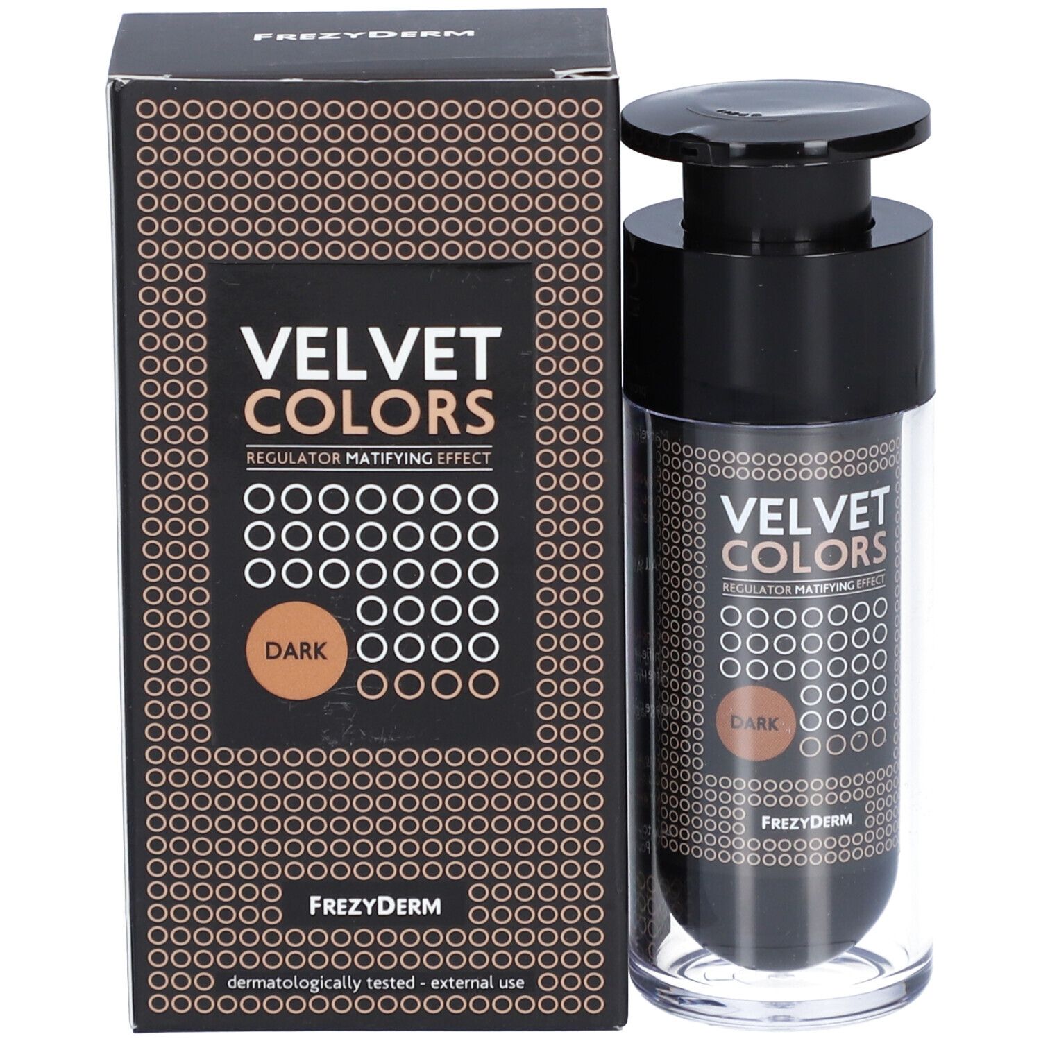 Emballage du produit avec flacon et boîte. Inscription VELVET COLORS DARK. Marque Frezyderm.