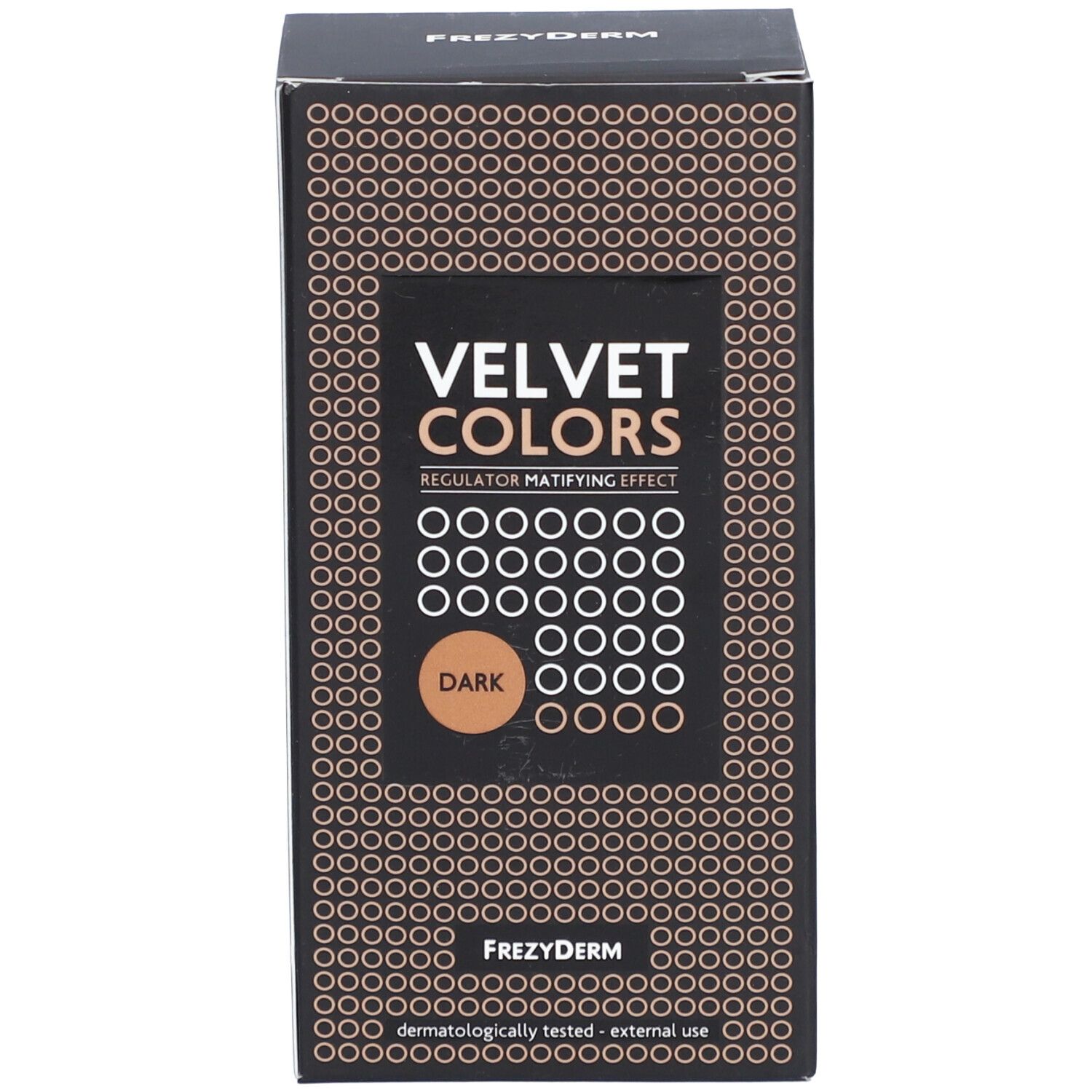 Emballage du produit. Inscription VELVET COLORS DARK. Marque Frezyderm.
