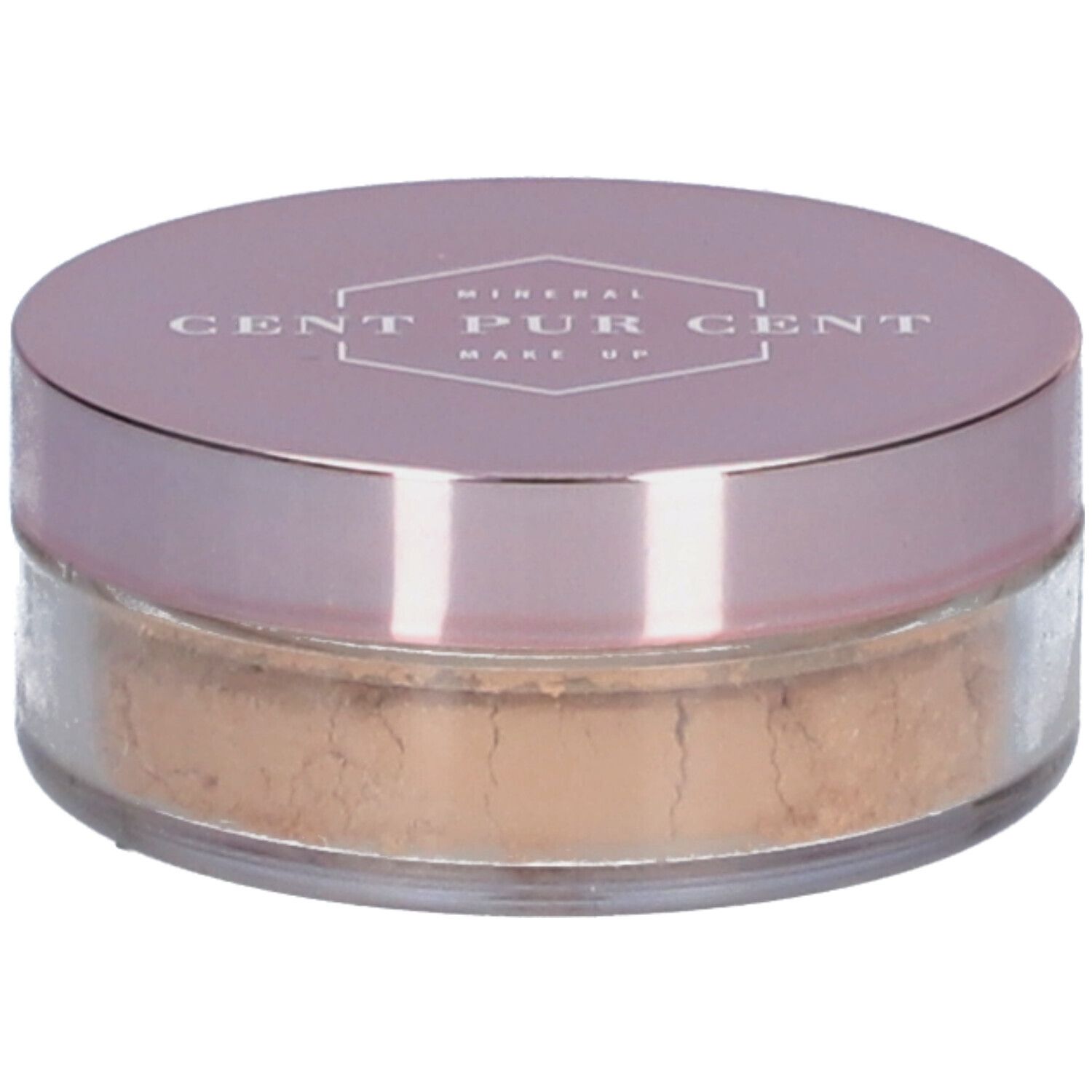 Dose Mineralpuder mit rosafarbenem Deckel. Aufschrift: CENT PUR CENT MAKE UP.