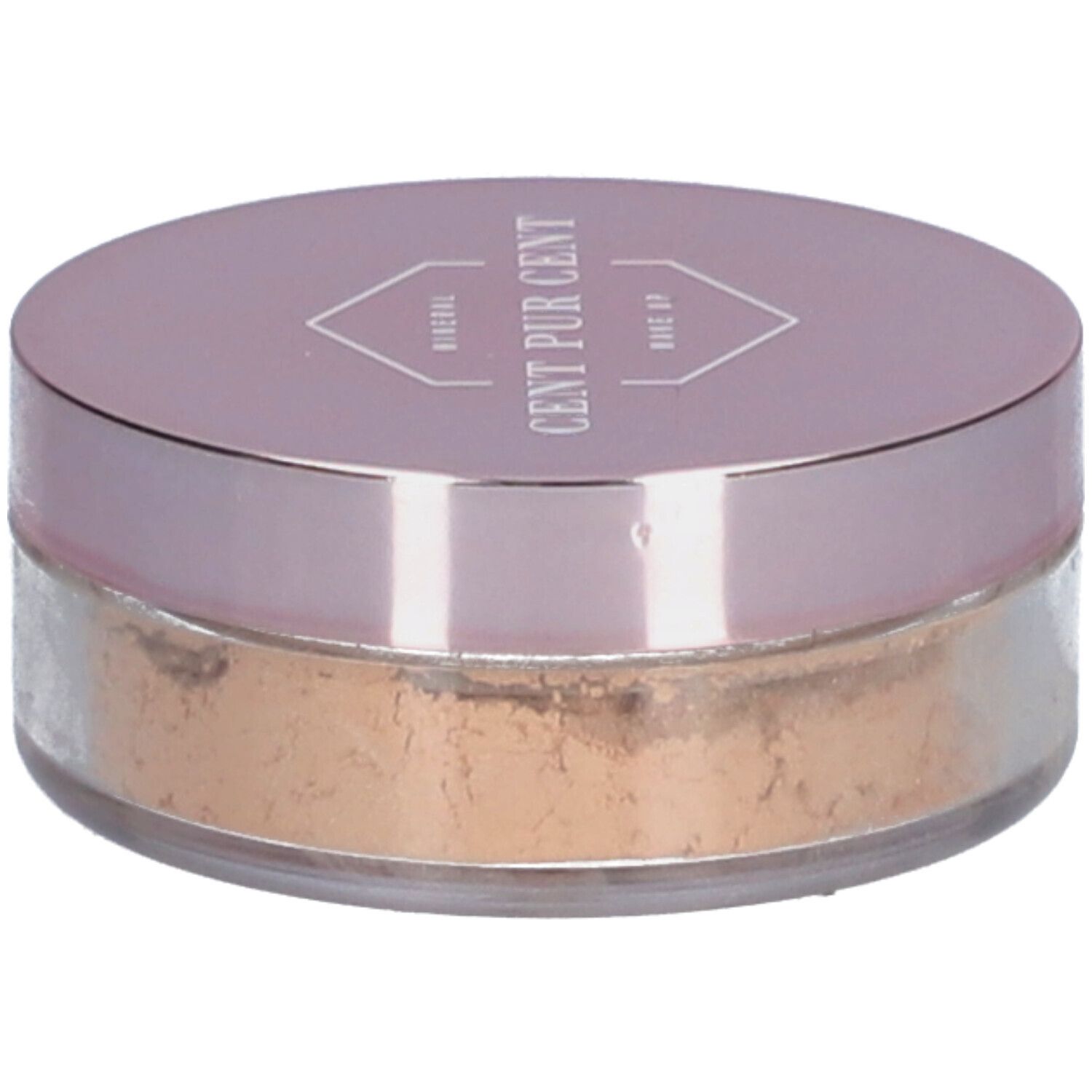 Dose Mineralpuder mit rosafarbenem Deckel. Aufschrift: CENT PUR CENT MAKE UP.