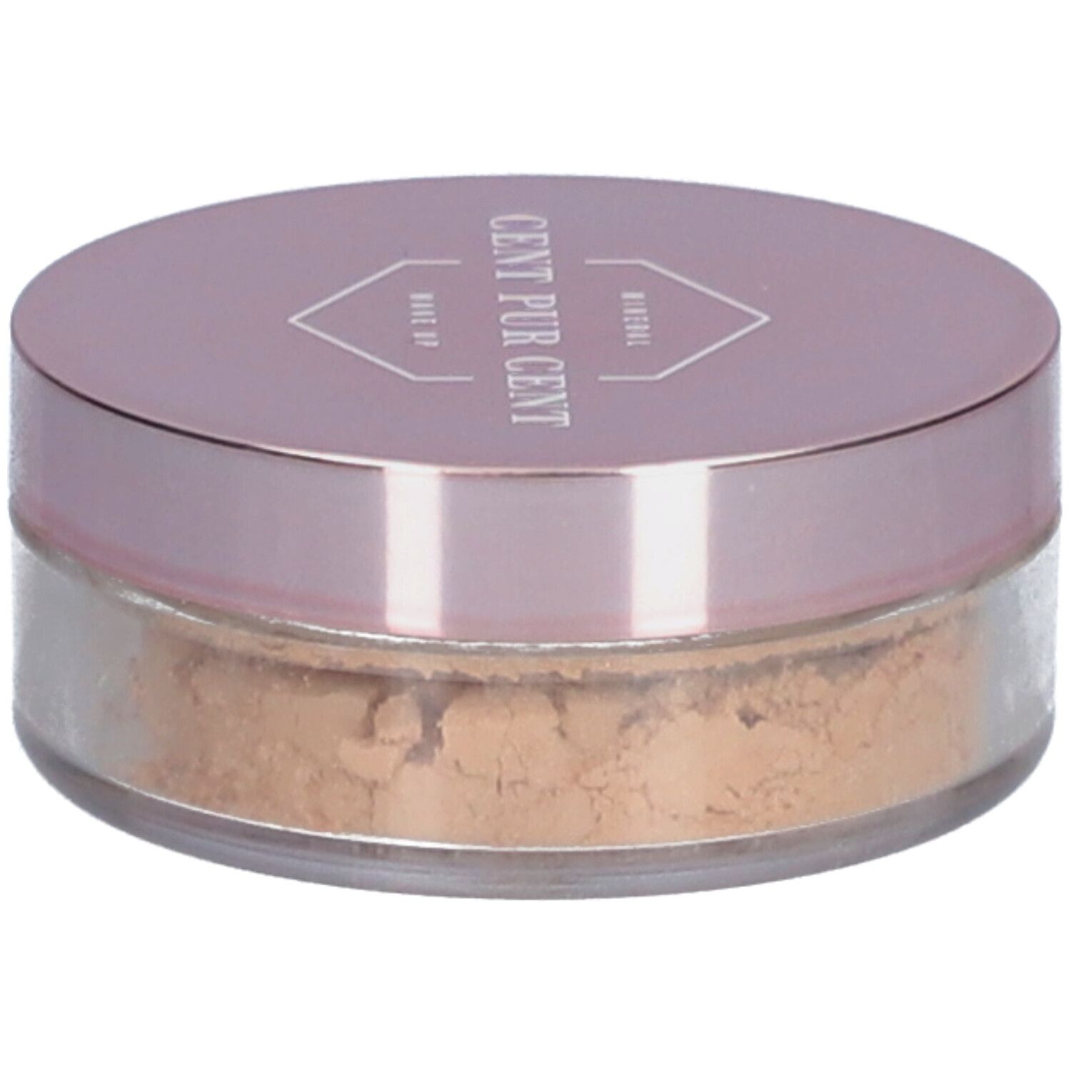 Dose Mineralpuder mit rosafarbenem Deckel. Aufschrift: CENT PUR CENT MAKE UP.