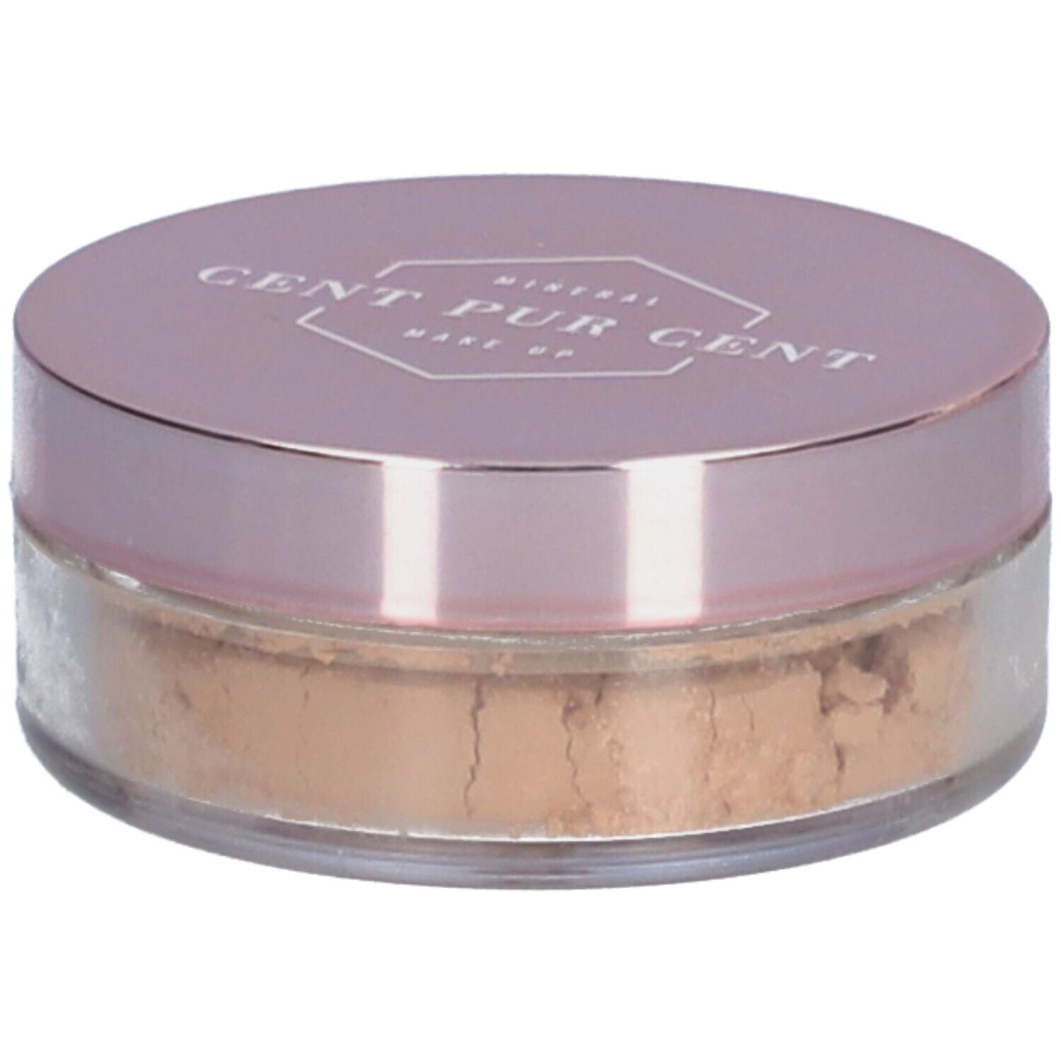 Dose Mineralpuder mit rosafarbenem Deckel. Aufschrift: CENT PUR CENT MAKE UP.