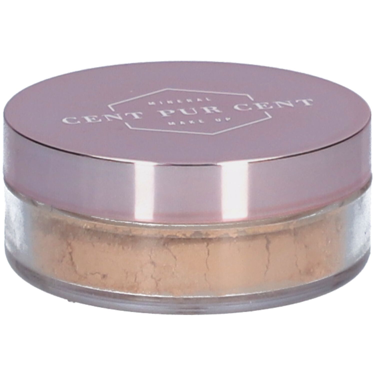 Dose Mineralpuder mit rosafarbenem Deckel. Aufschrift: CENT PUR CENT MAKE UP.
