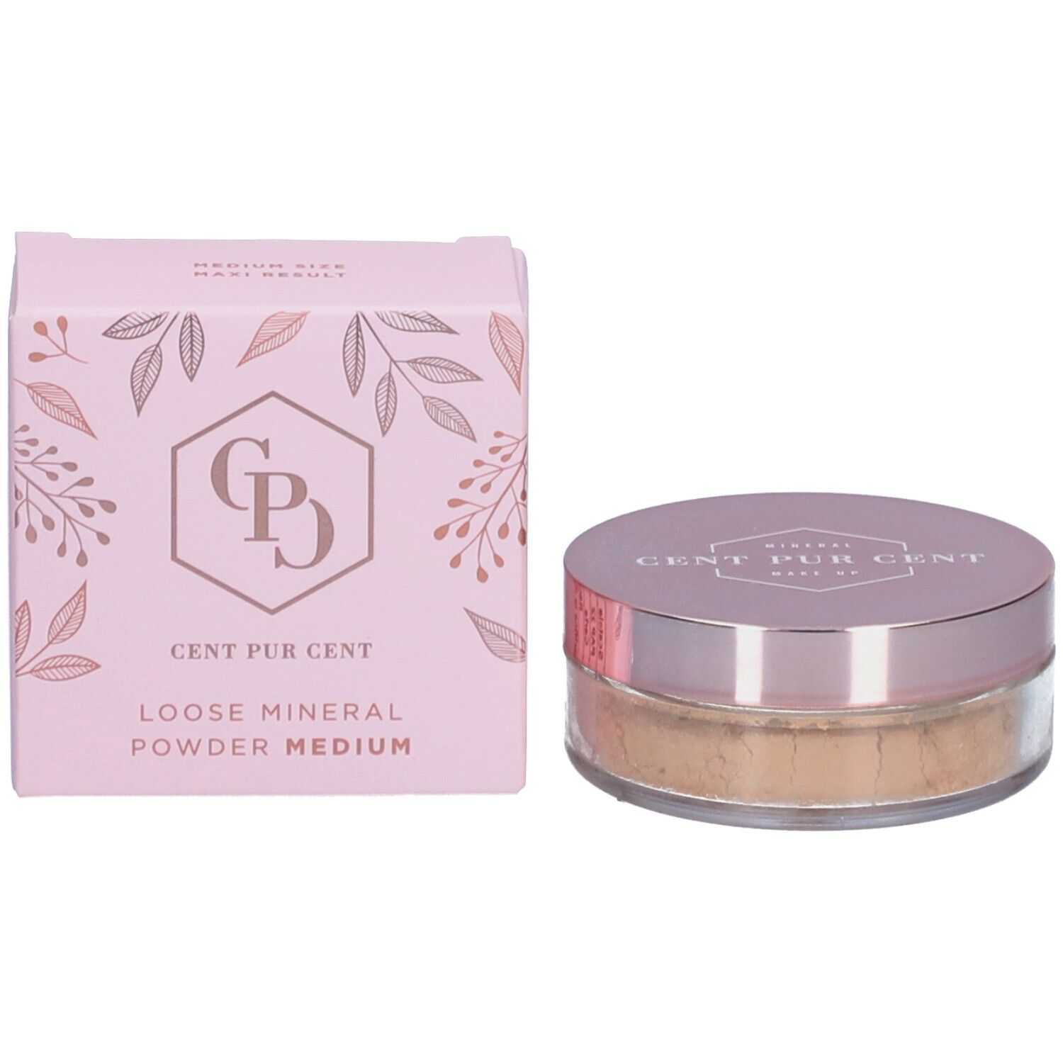 Mineralpuder-Dose und rosa Verpackung. Aufschrift: CENT PUR CENT LOOSE MINERAL POWDER MEDIUM.