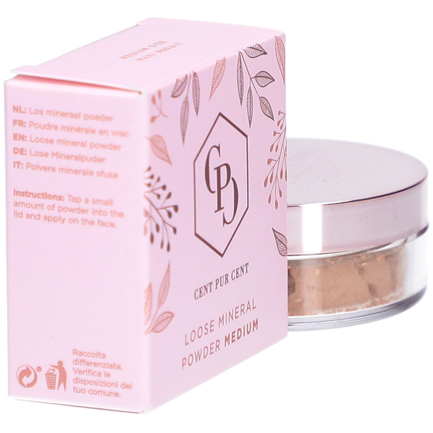 Cent Pur Cent Loose Mineral Foundation Medium 3.0. Rosa Verpackung und Dose mit losem Puder. Aufschrift: Cent Pur Cent, Loose Mineral Powder Medium.