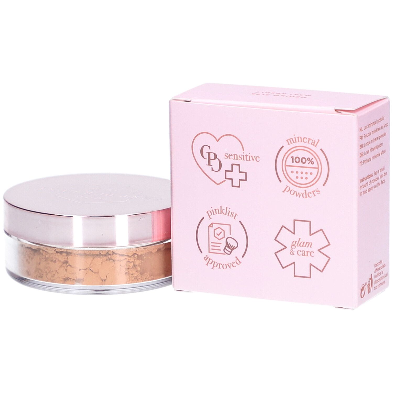 Cent Pur Cent Loose Mineral Foundation Medium 3.0. Rosa Verpackung und Dose mit losem Puder. Aufschrift: Cent Pur Cent, Loose Mineral Powder Medium.