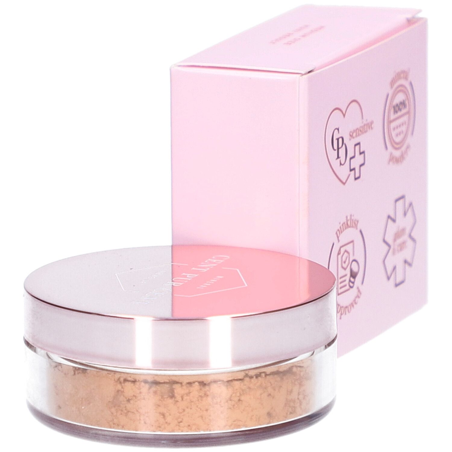 Cent Pur Cent Loose Mineral Foundation Medium 3.0. Rosa Verpackung und Dose mit losem Puder. Aufschrift: Cent Pur Cent, Loose Mineral Powder Medium.