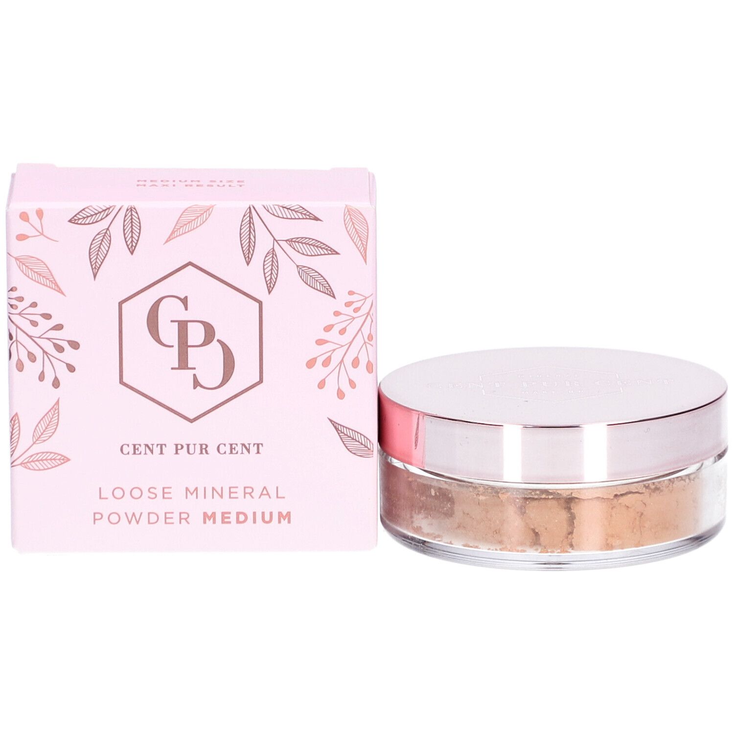 Cent Pur Cent Loose Mineral Foundation Medium 3.0. Rosa Verpackung und Dose mit losem Puder. Aufschrift: Cent Pur Cent, Loose Mineral Powder Medium.