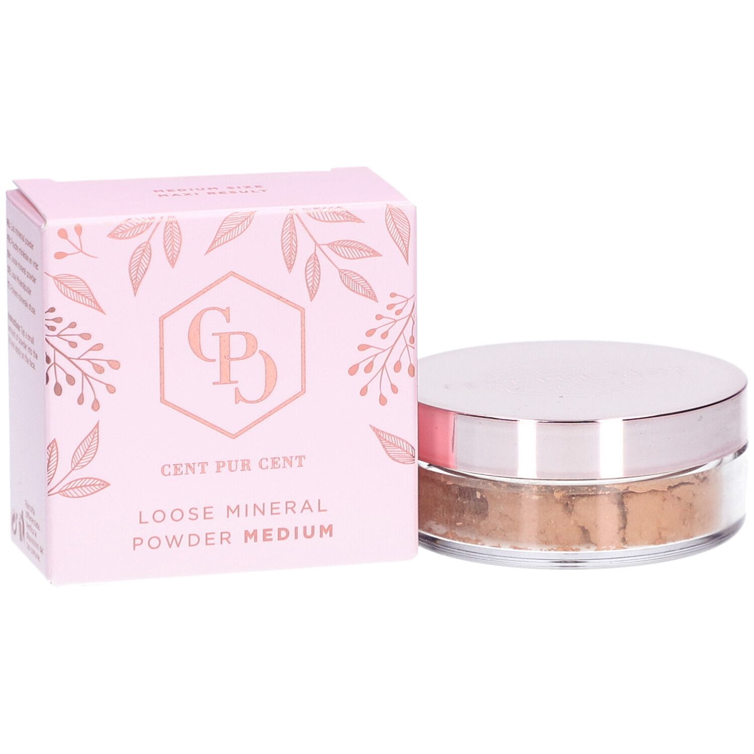 Cent Pur Cent Loose Mineral Foundation Medium 3.0. Rosa Verpackung und Dose mit losem Puder. Aufschrift: Cent Pur Cent, Loose Mineral Powder Medium.