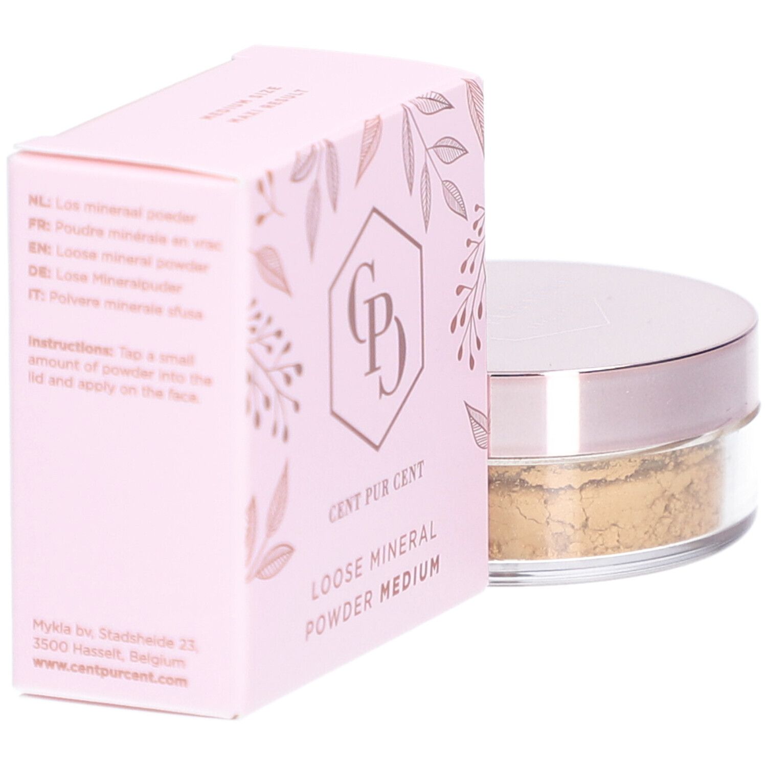 Rosa Schachtel und Dose mit losem Mineralpuder. Auf der Schachtel steht "Cent Pur Cent" und "Loose Mineral Powder Medium".