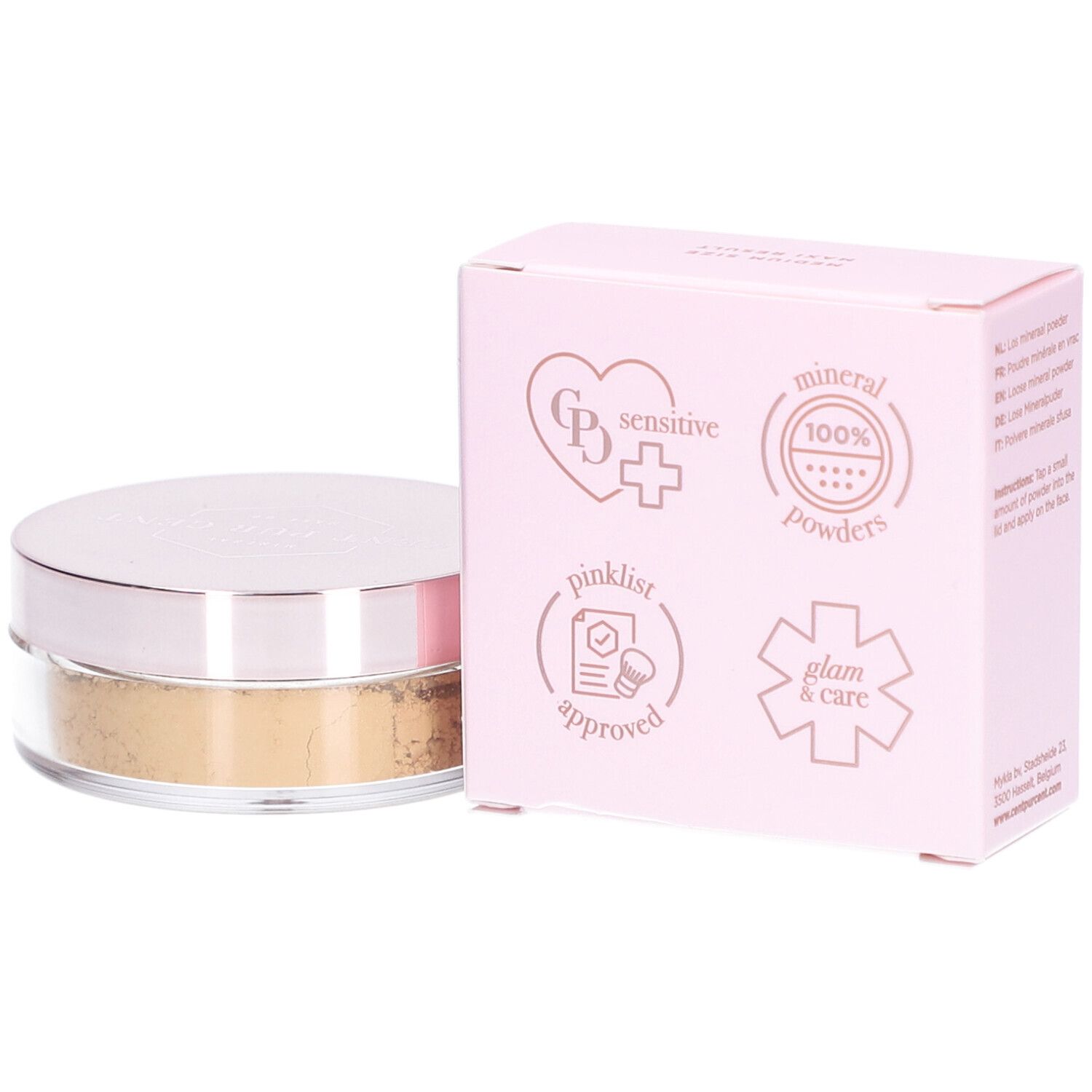 Rosa Schachtel und Dose mit losem Mineralpuder. Auf der Schachtel stehen Logos und "Cent Pur Cent".