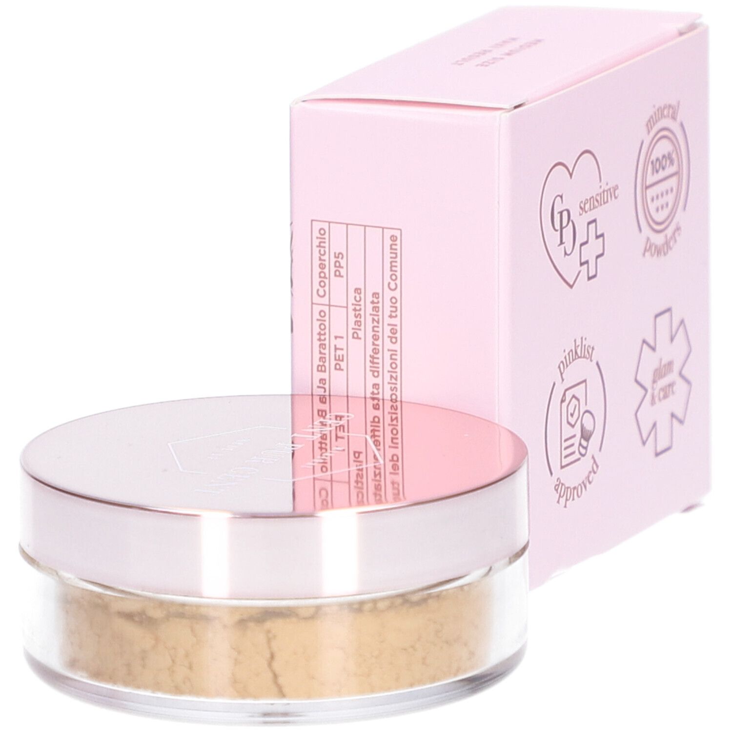 Rosa Schachtel und Dose mit losem Mineralpuder. Auf der Schachtel stehen Logos und "Cent Pur Cent".