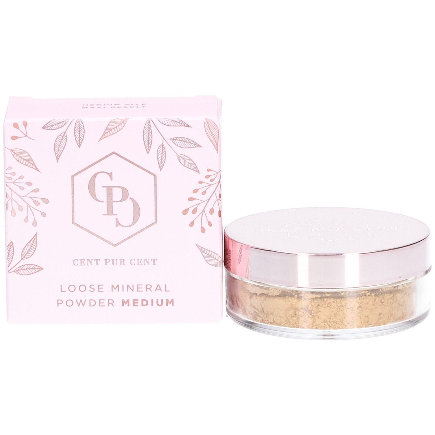 Rosa Schachtel und Dose mit losem Mineralpuder. Auf der Schachtel steht "Cent Pur Cent" und "Loose Mineral Powder Medium".