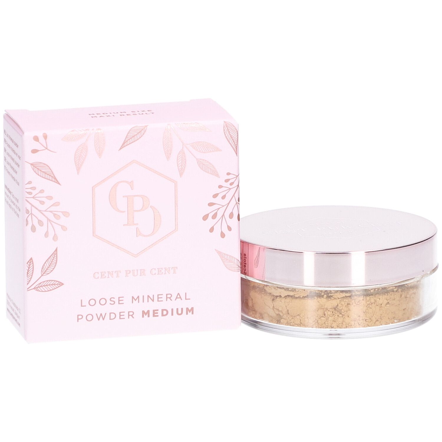 Rosa Schachtel und Dose mit losem Mineralpuder. Auf der Schachtel steht "Cent Pur Cent" und "Loose Mineral Powder Medium".
