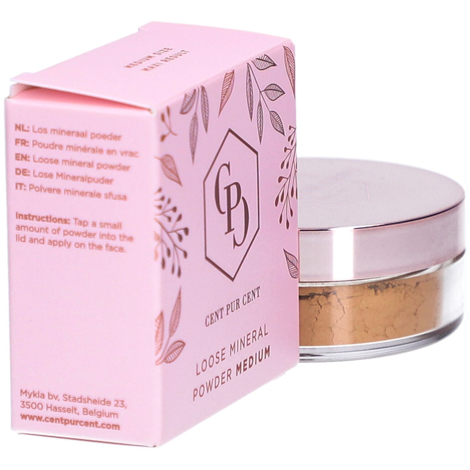 Cent Pur Cent Lose Mineral Foundation Medium 6.0. Rosa Verpackung mit Produktinformationen und Logo. Dose mit Puder daneben.