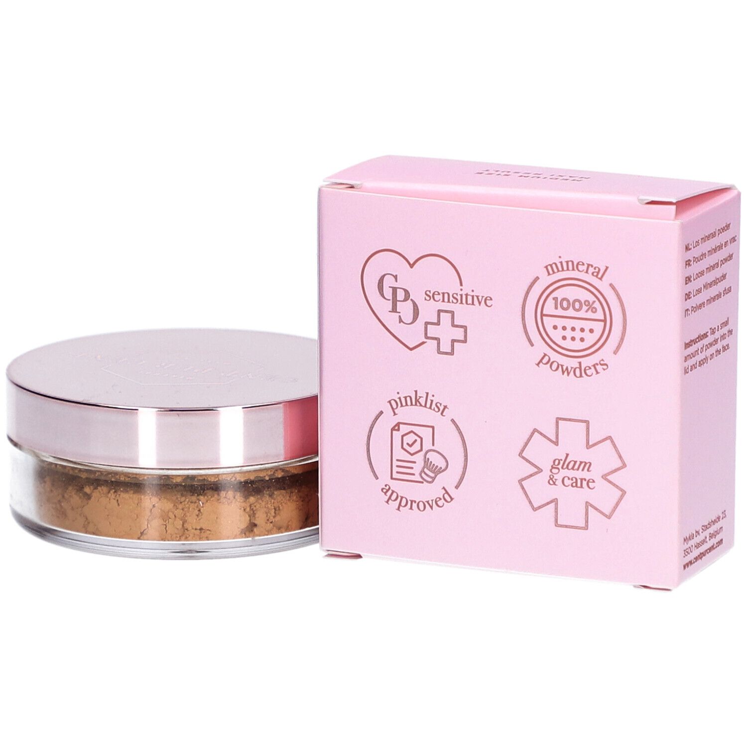 Cent Pur Cent Lose Mineral Foundation Medium 6.0. Rosa Verpackung mit Logo und Qualitätszeichen. Dose mit Puder daneben.