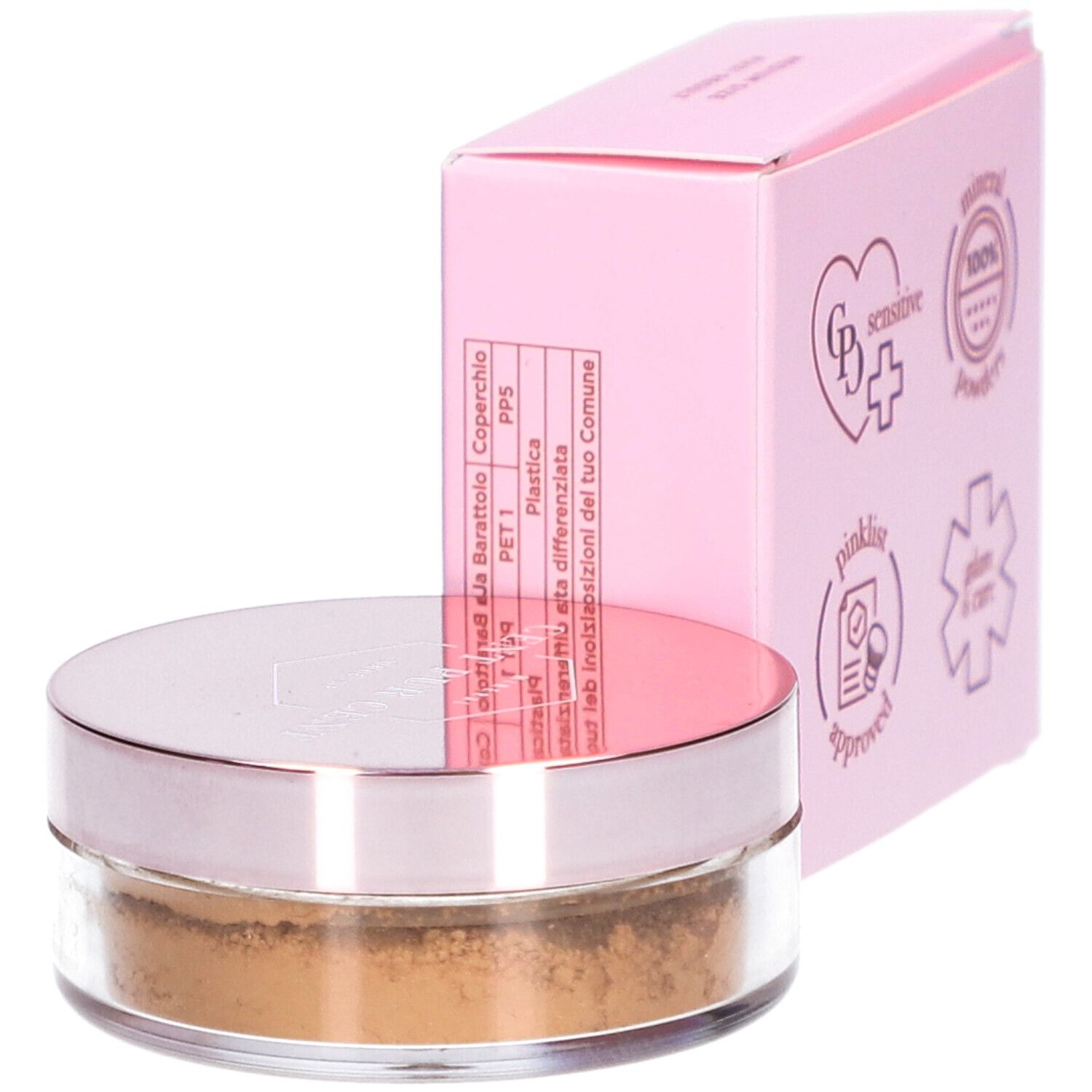 Cent Pur Cent Lose Mineral Foundation Medium 6.0. Dose mit Puder und rosa Verpackung. Verpackung mit Informationen und Logo.