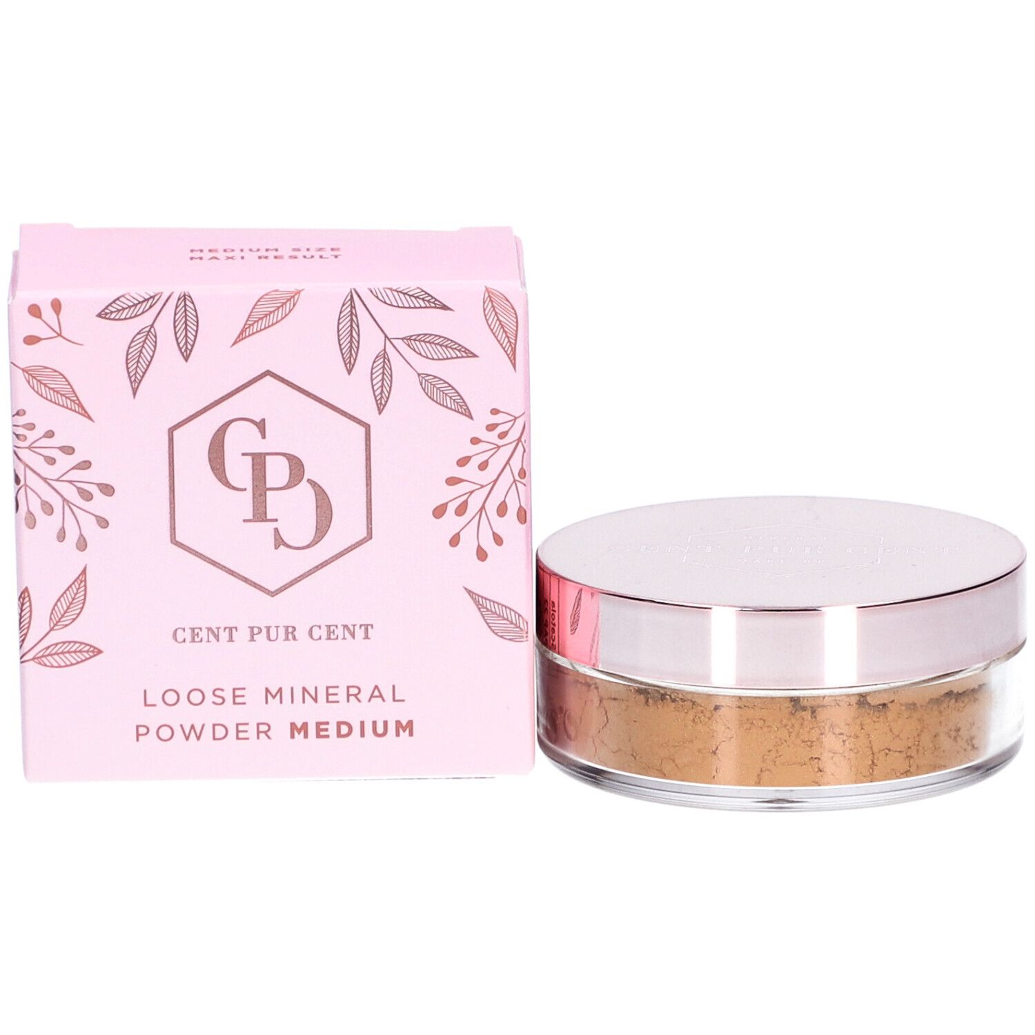 Cent Pur Cent Lose Mineral Foundation Medium 6.0. Rosa Verpackung und Dose mit Puder. Logo und Produktbezeichnung sichtbar.