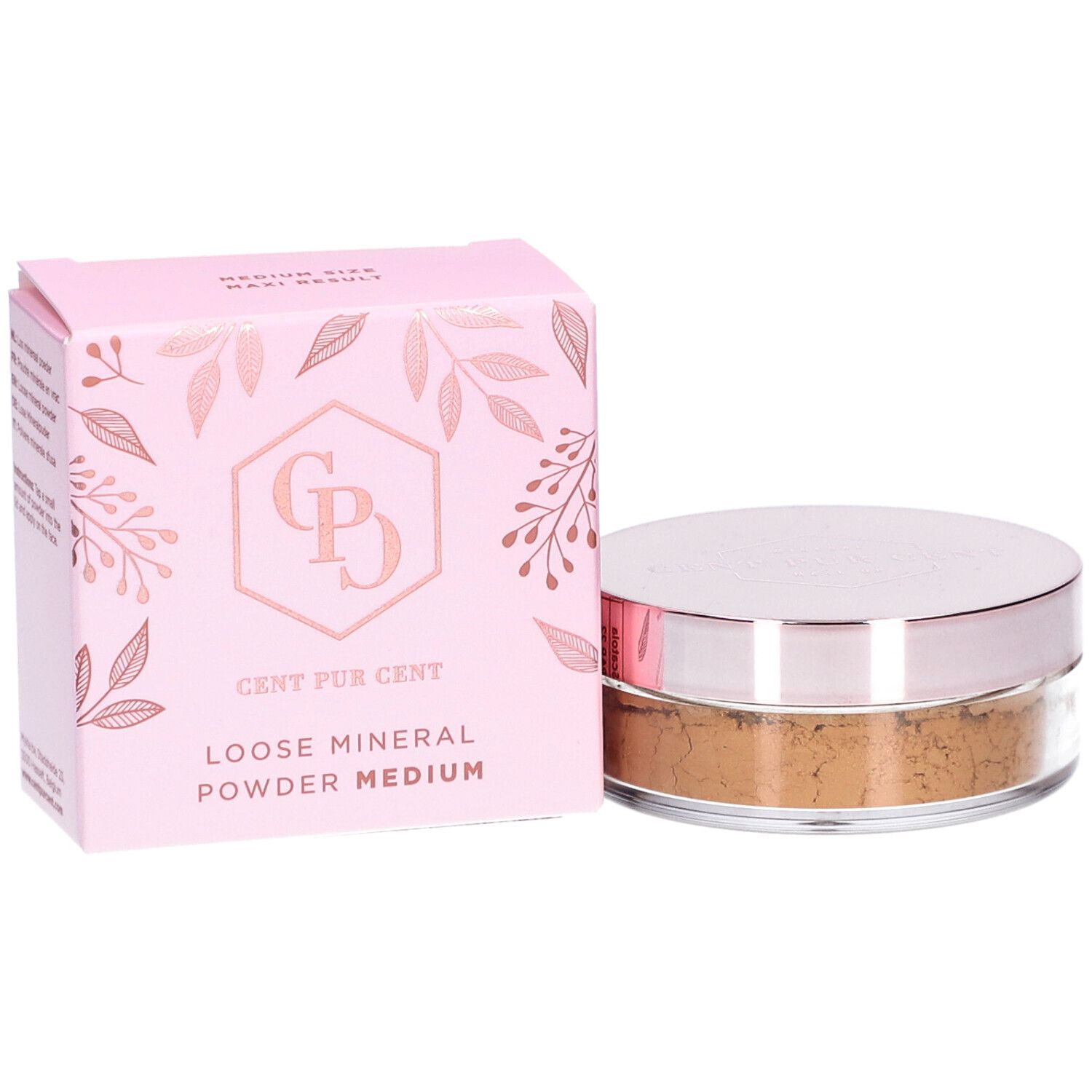 Cent Pur Cent Lose Mineral Foundation Medium 6.0. Rosa Verpackung und Dose mit Puder. Logo und Produktbezeichnung sichtbar.