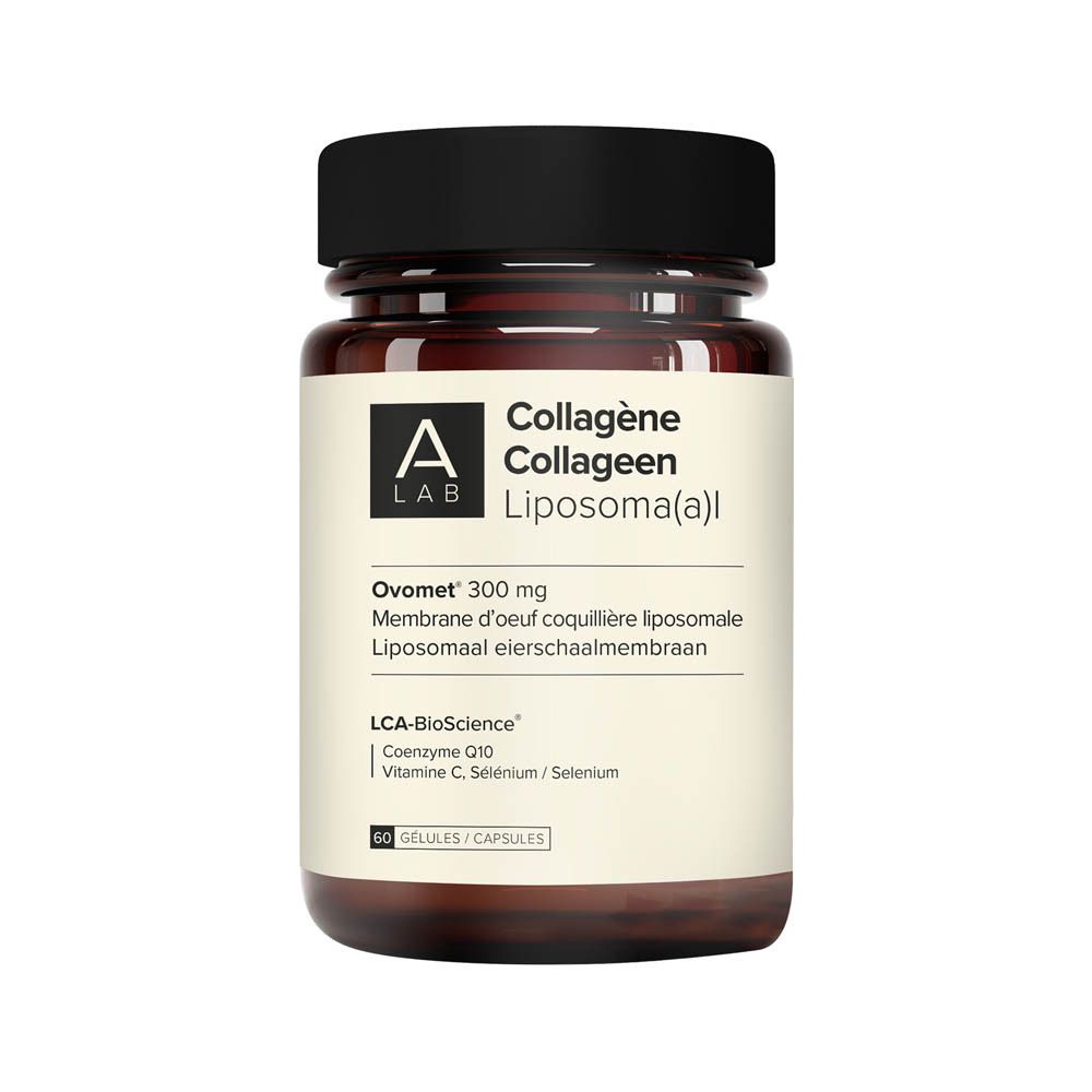 Bruine glazen fles met zwarte dop. Etiket met productinformatie: A-Lab, Collagène, Liposoma(a)l, 60 capsules.