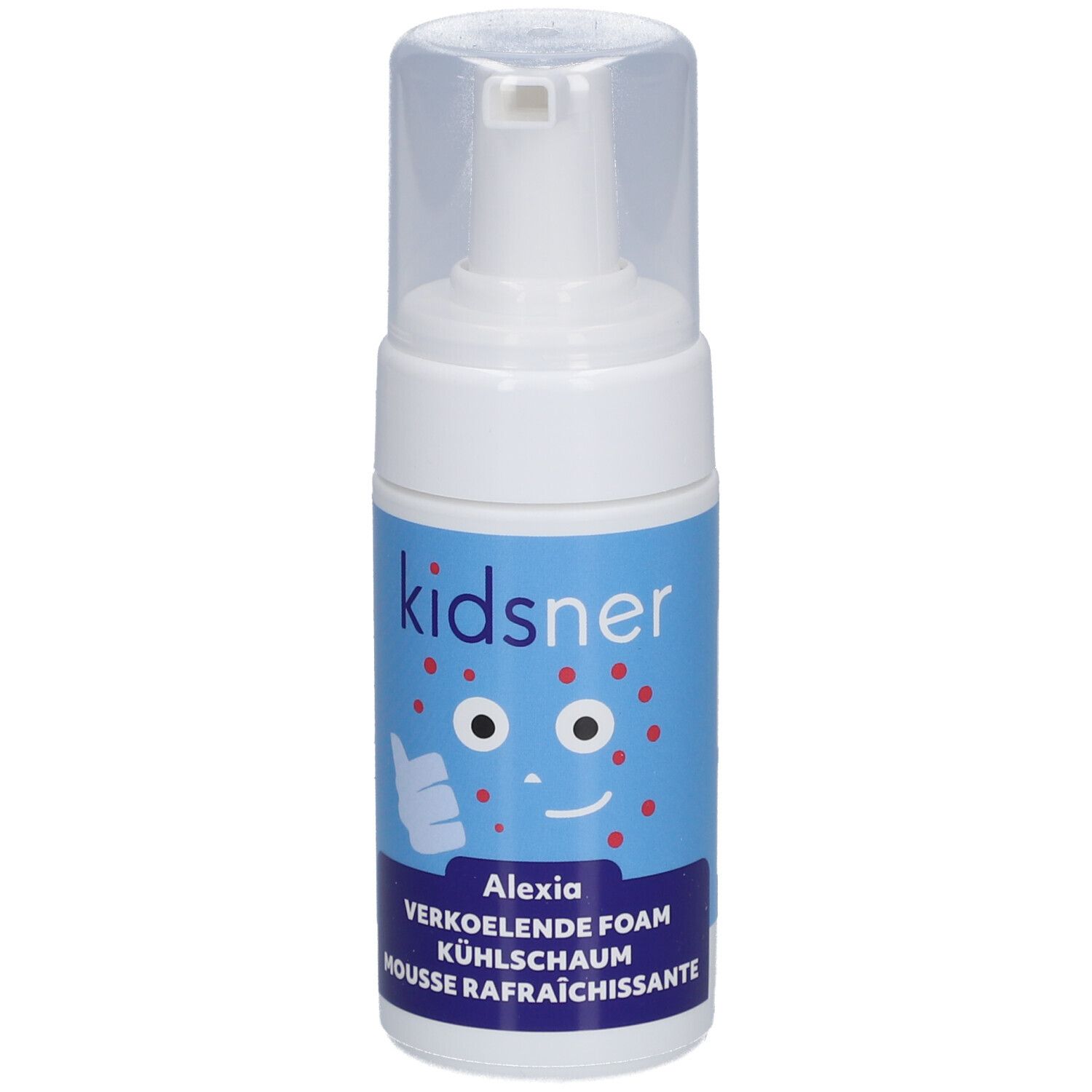 Weiße Flasche mit blauem Etikett. Auf dem Etikett steht "kidsner Alexia". Der Deckel ist transparent.