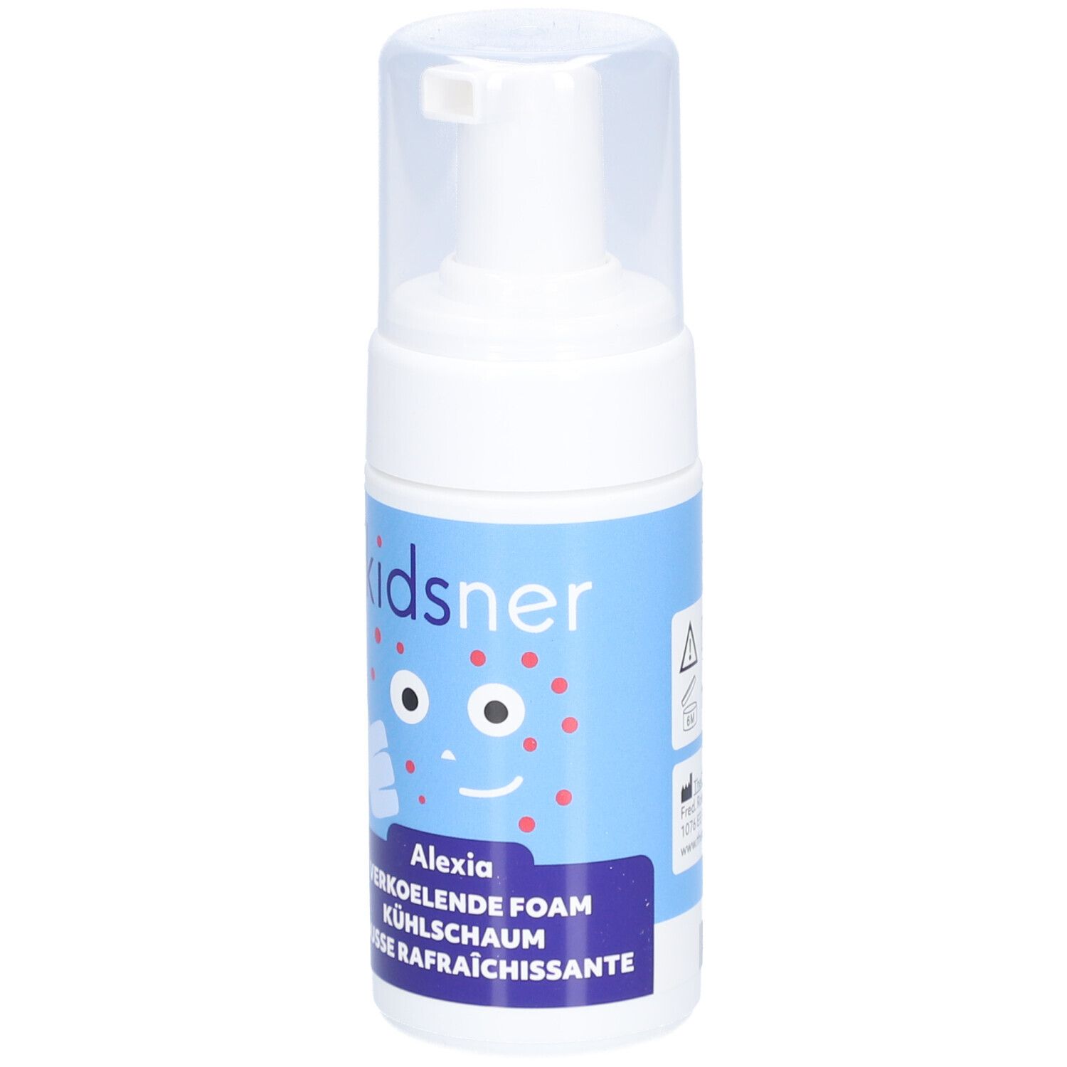 Weiße Flasche mit blauem Etikett. Auf dem Etikett steht "kidsner Alexia". Aufdruck: Warnhinweis.
