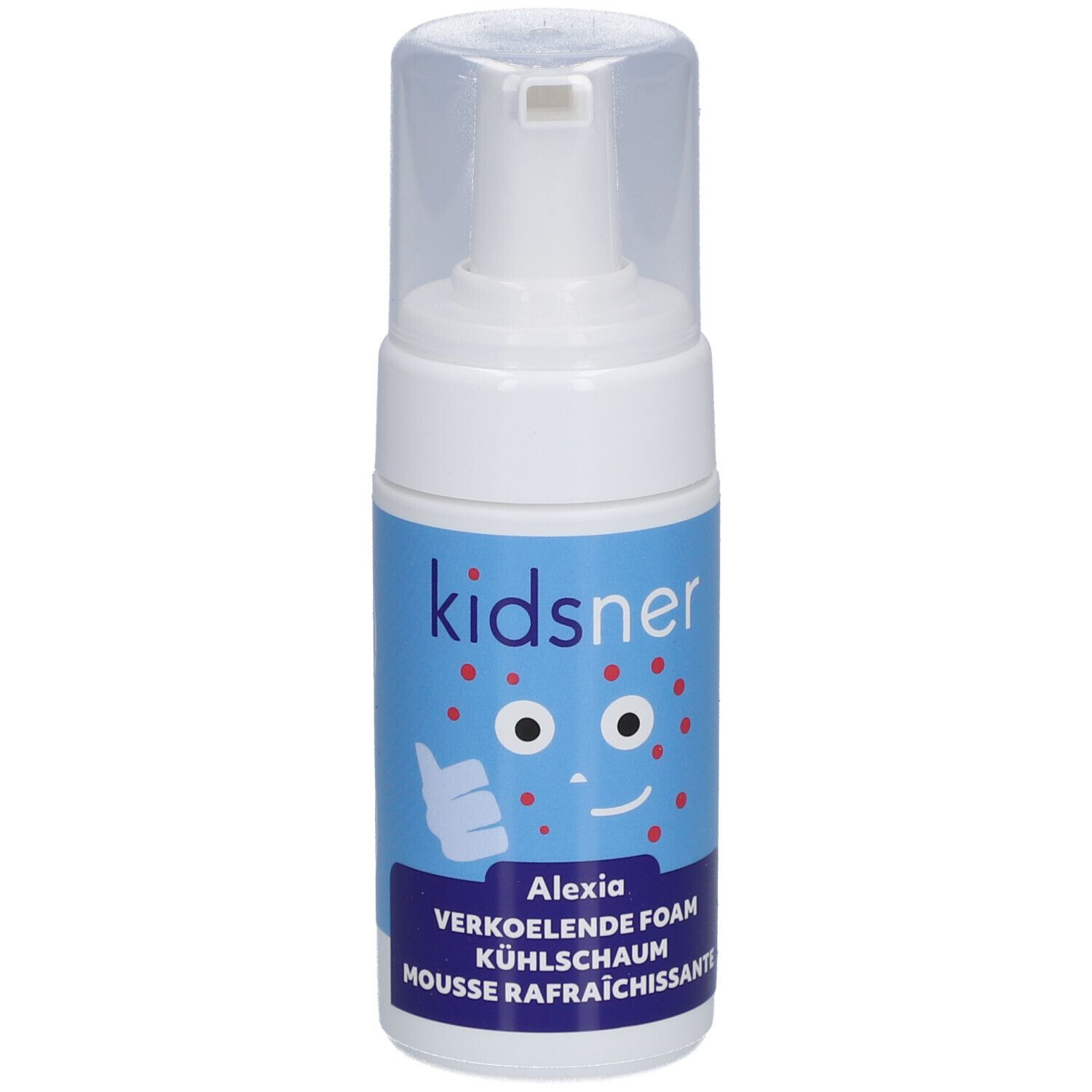 Weiße Flasche mit blauem Etikett. Auf dem Etikett steht "kidsner Alexia". Aufdruck: Daumen hoch.
