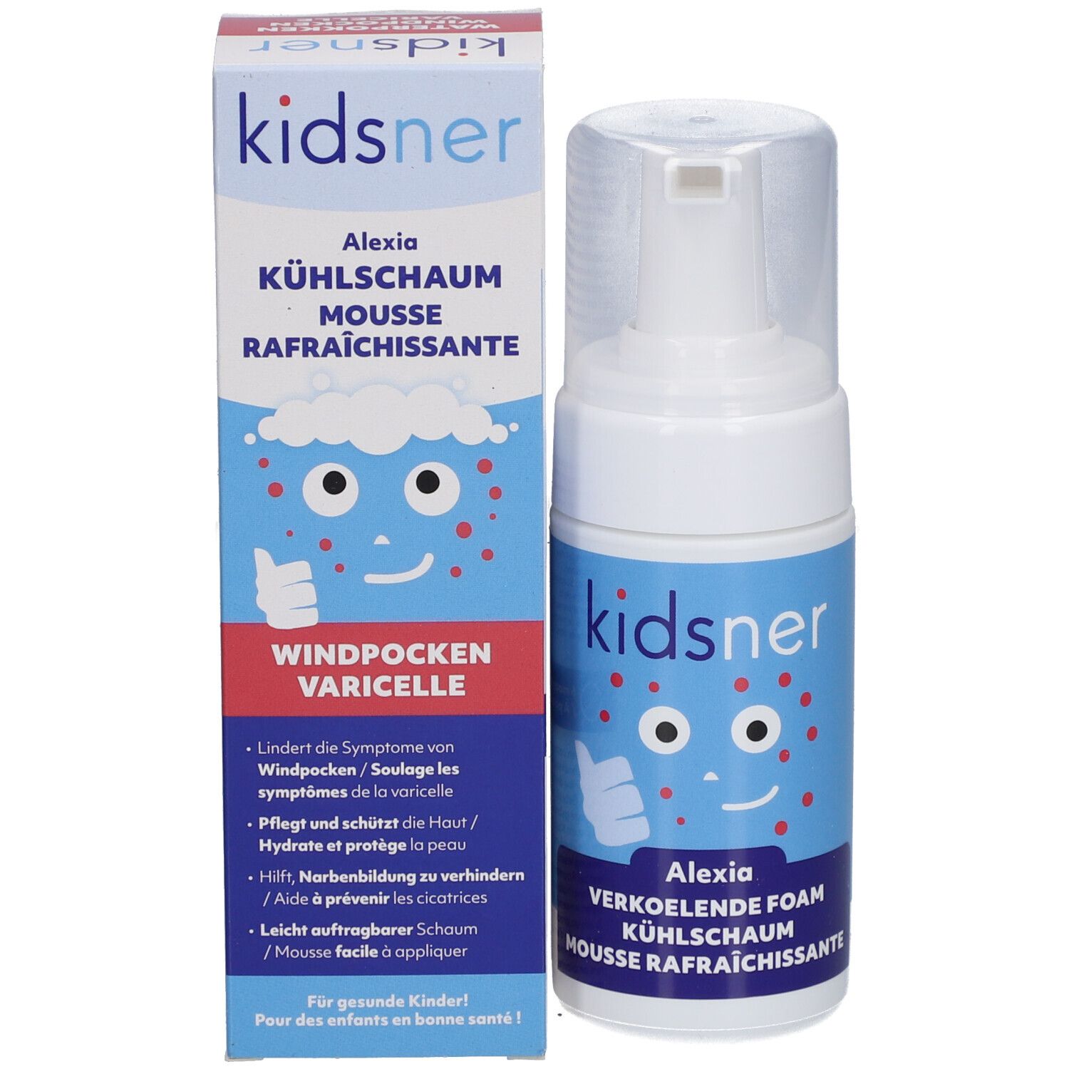 Produktflasche und Verpackung. Auf der Verpackung steht "kidsner Alexia". Produktname und Anwendung.