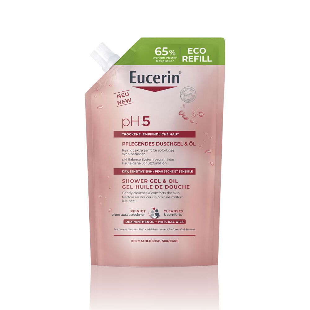 Nachfüllbeutel mit Duschgel-Öl. Rosa Beutel mit grünem Deckel. Text: Eucerin pH5, 65% Eco Refill.