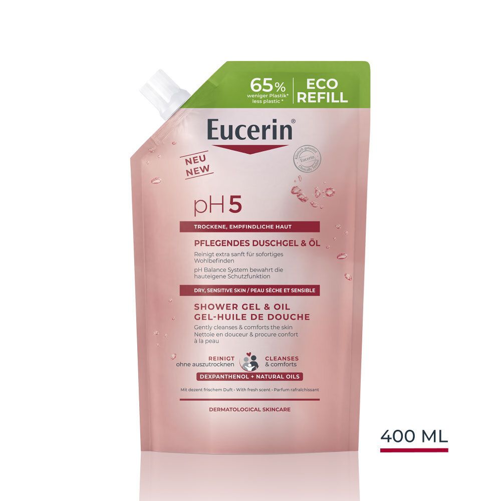 Nachfüllbeutel mit Duschgel-Öl. Rosa Beutel mit grünem Deckel. Text: Eucerin pH5, 65% Eco Refill, 400 ml.