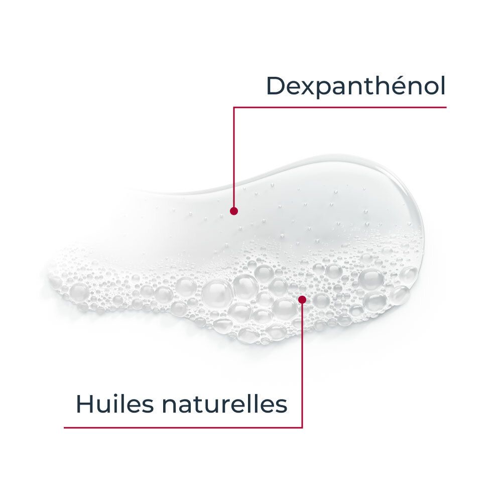 Nahaufnahme von Duschgel-Öl. Text: Dexpanthenol, natürliche Öle. Blasen im Gel.