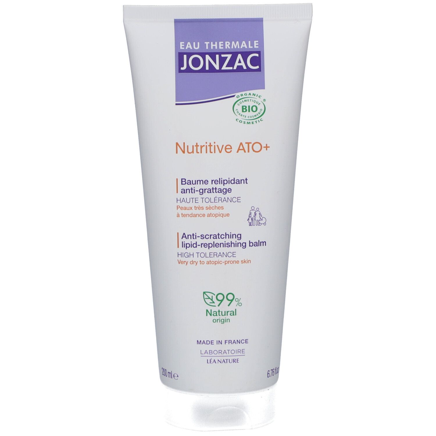 Weiß-lila Tube mit Produktnamen und Logo. Text: Nutritive ATO+, Anti-Juckreiz-Balsam, hohe Verträglichkeit. Bio-Siegel.