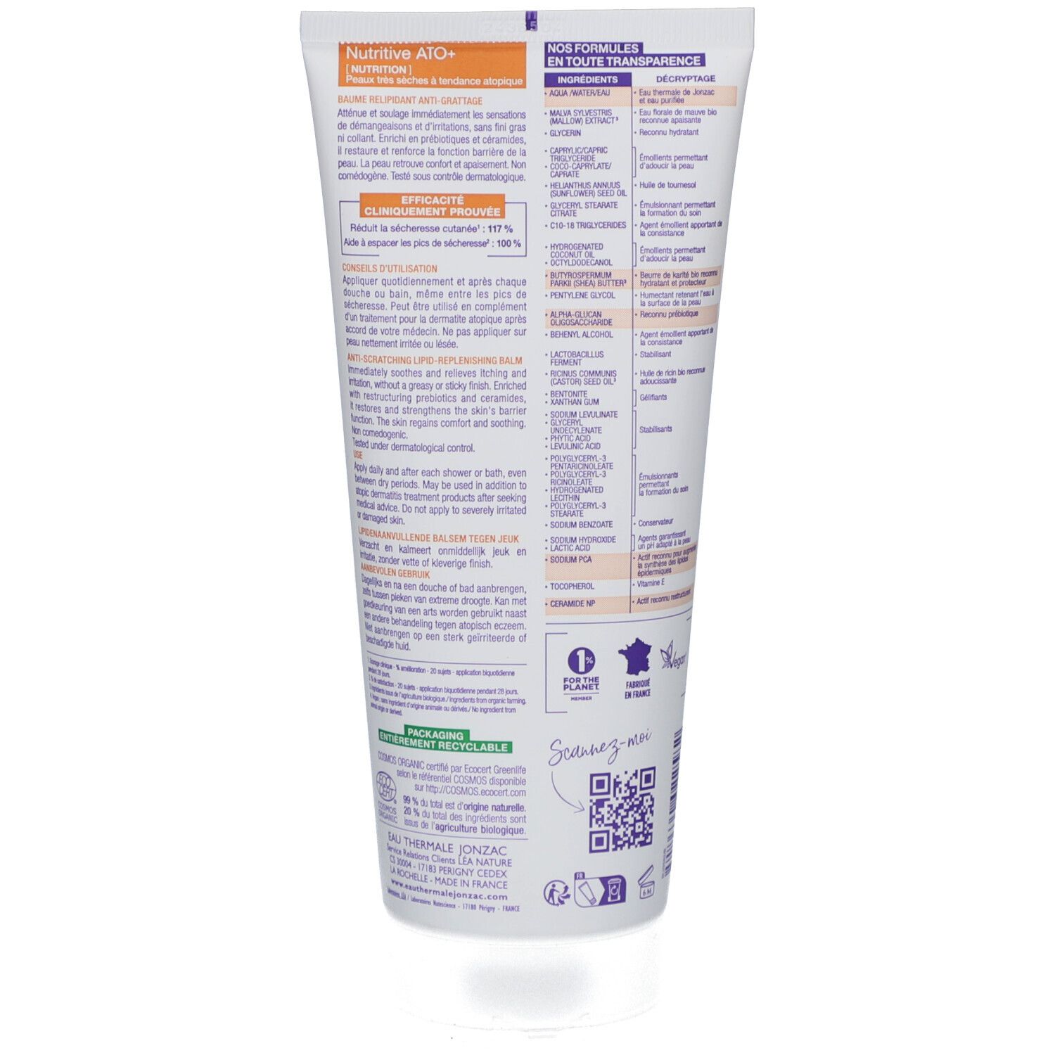 Rückseite der Tube. Text: Inhaltsstoffe, Informationen zur Transparenz, Recycling-Logo, QR-Code. Weißer Hintergrund.
