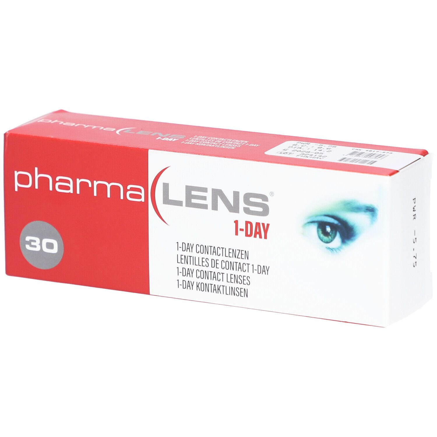 Boîte de lentilles de contact Pharmalens 1-Day. Boîte rouge et blanche avec nom du produit et indication 30 unités.
