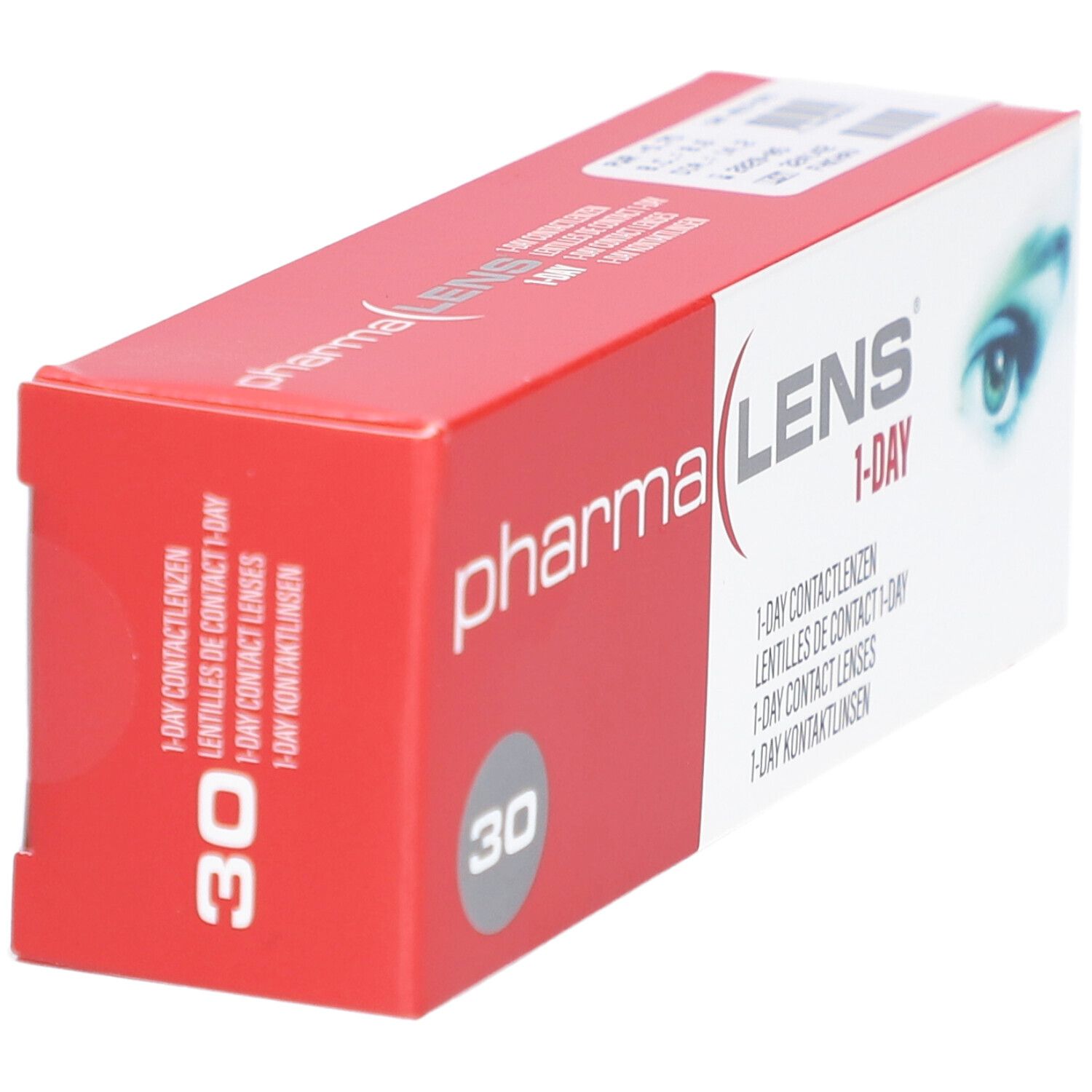 Boîte de lentilles de contact Pharmalens 1-Day. Emballage rouge et blanc avec nom du produit et indication 30 unités.