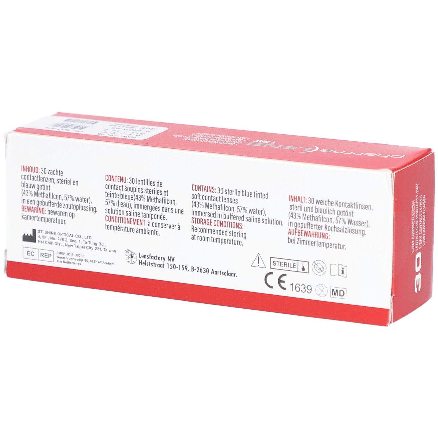 Dos de la boîte de lentilles de contact Pharmalens 1-Day. Contient des informations sur le contenu, les ingrédients et le fabricant.