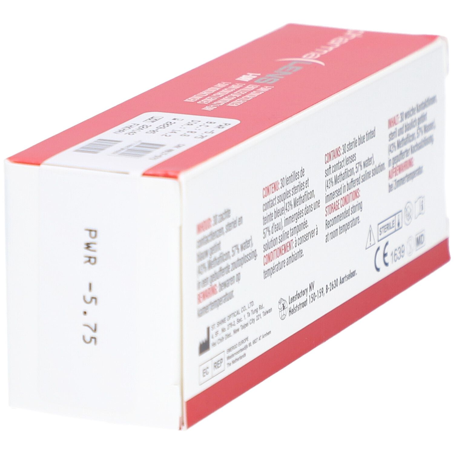 Dos de la boîte de lentilles de contact Pharmalens 1-Day. Contient des informations sur le contenu, les ingrédients et le fabricant.